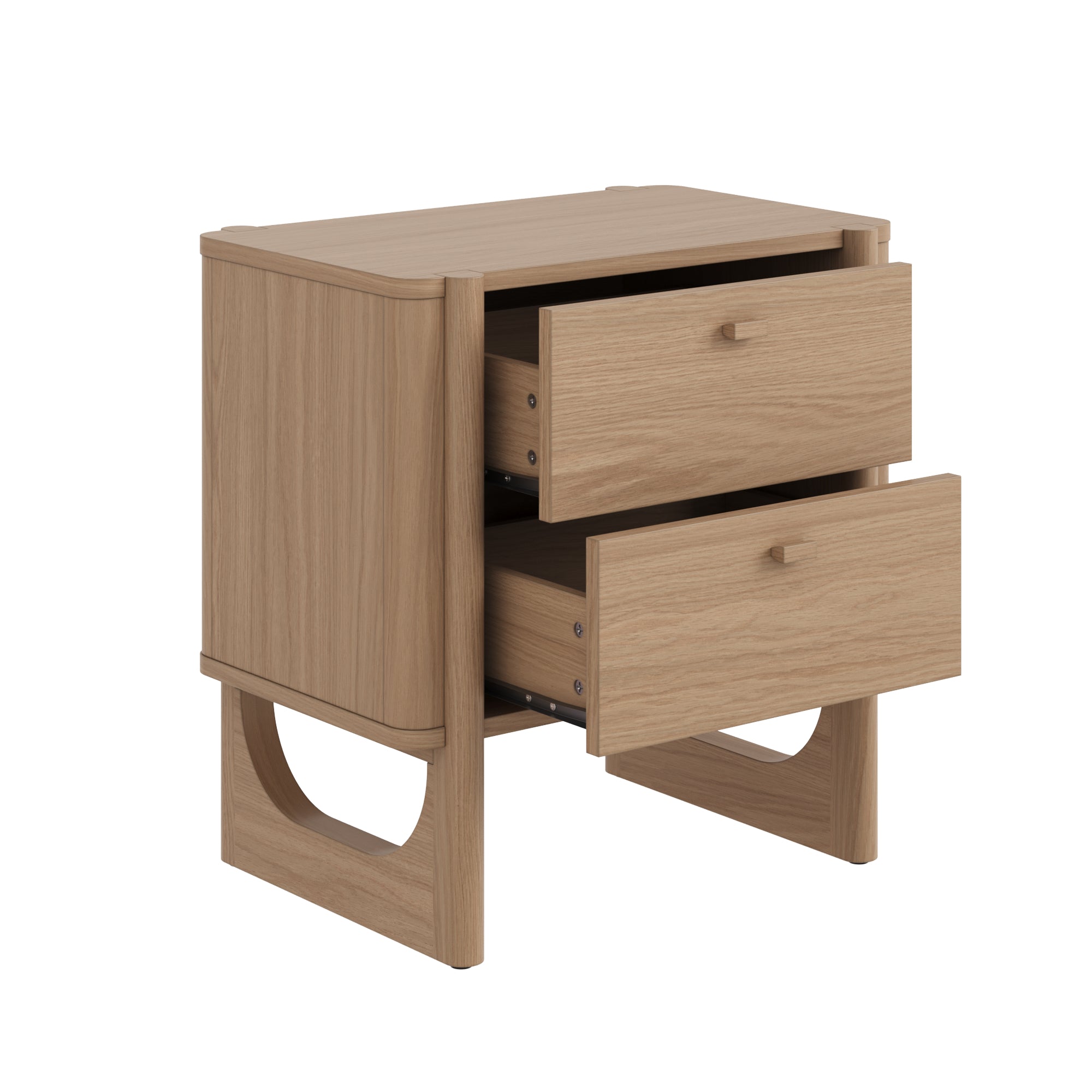 A light wood nightstand with two drawers, both partially open, featuring simple rectangular handles and a modern, minimalist design.