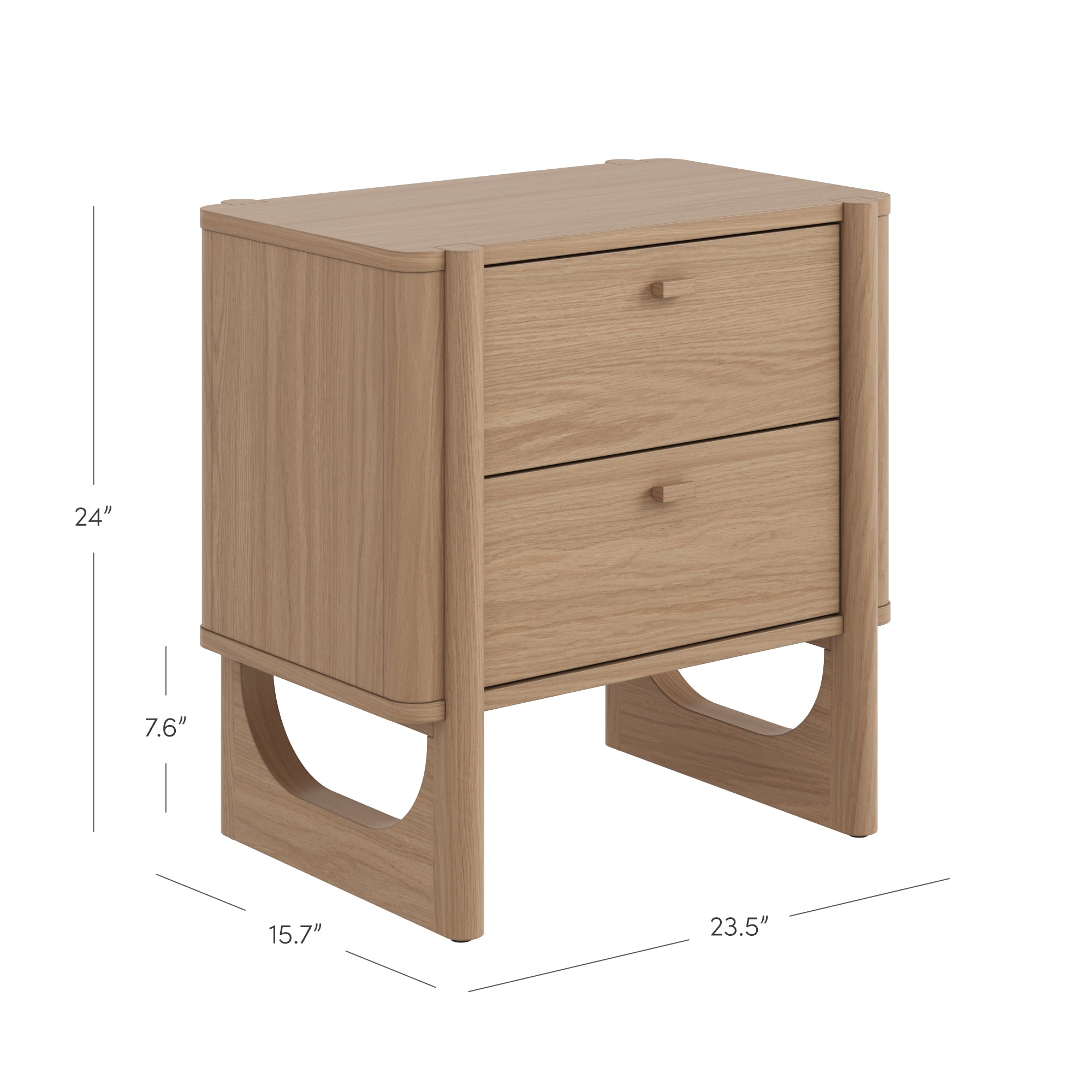 Light wood nightstand with two drawers, curved side legs, and rounded corners. Dimensions shown: 24 tall, 23.5 wide, 15.7 deep, with a 7.6 space below the drawers.