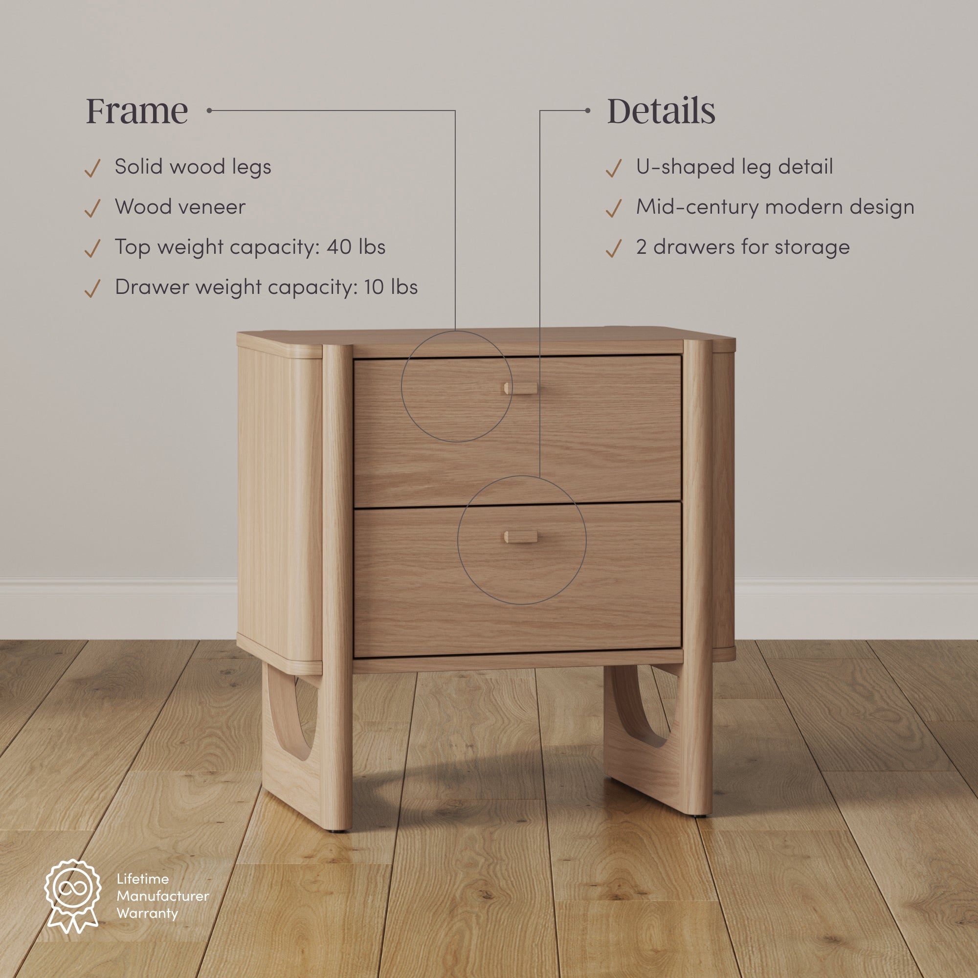 A wooden nightstand with two drawers stands on a wooden floor. Text describes its features: solid wood legs, wood veneer, 40 lb top weight, 10 lb drawer weight, U-shaped leg detail, mid-century design, and storage drawers.