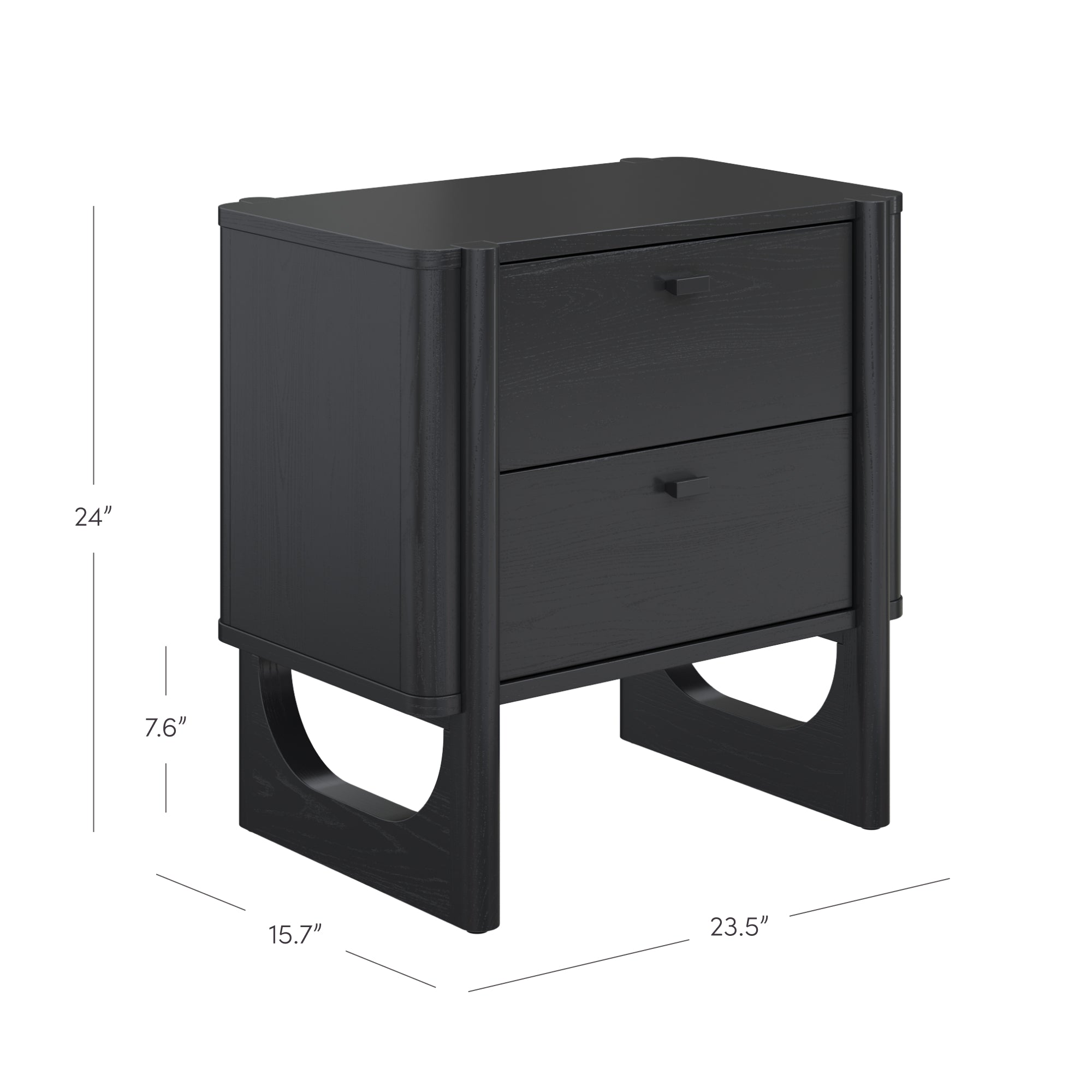 A black wooden nightstand with two drawers, measuring 24 inches tall, 23.5 inches wide, and 15.7 inches deep; features modern cutout legs and simple rectangular handles.
