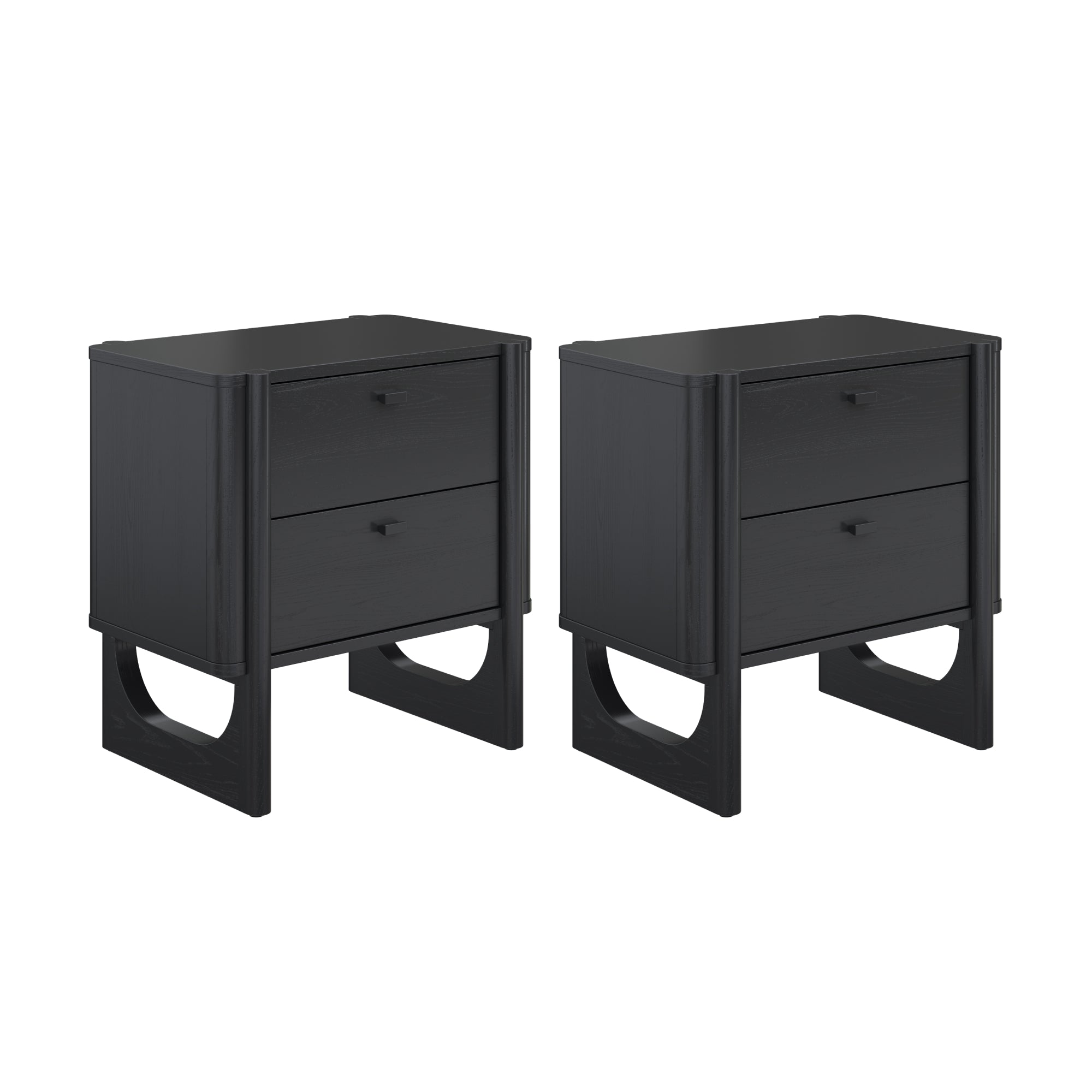 Two matching black wooden nightstands, each with two drawers and an open rectangular base design, are positioned side by side on a white background.