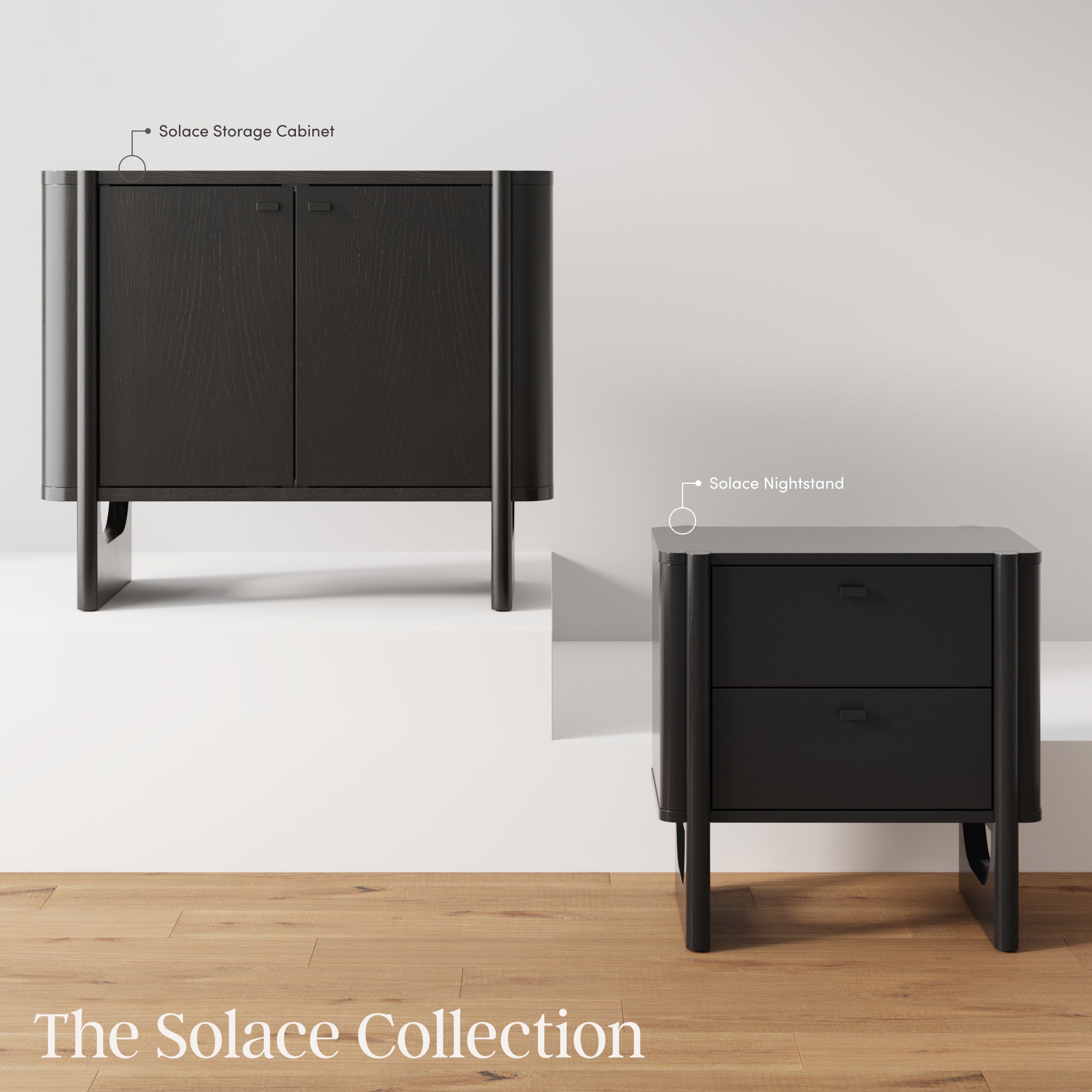 Two pieces of dark wood furniture from the Solace Collection are shown: a storage cabinet with double doors on the left and a nightstand with two drawers on the right, both on a light wood floor against a white wall.