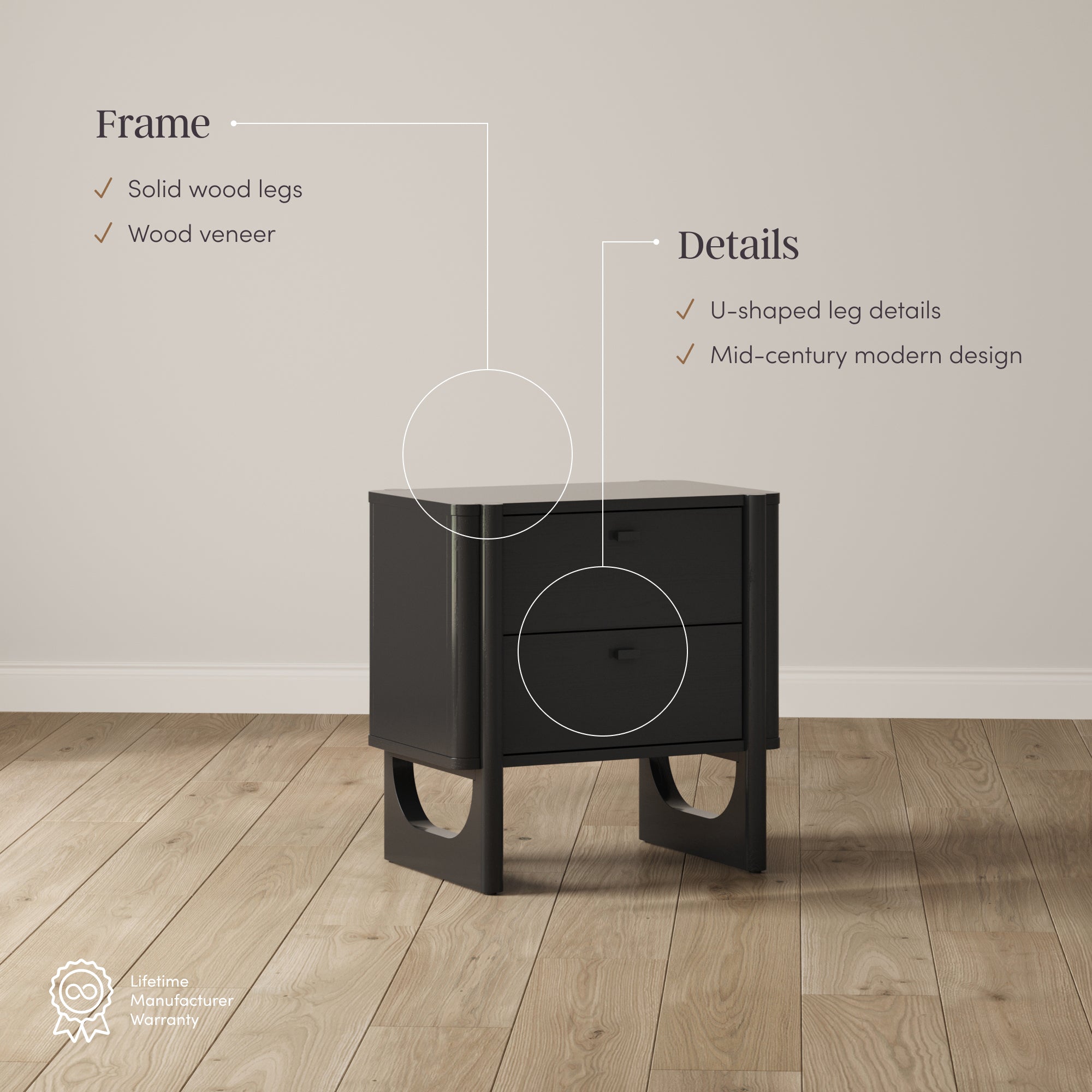 A black nightstand with two drawers stands on a wood floor. Annotated text highlights features: solid wood legs, wood veneer, U-shaped leg details, and mid-century modern design. A warranty icon appears in the corner.