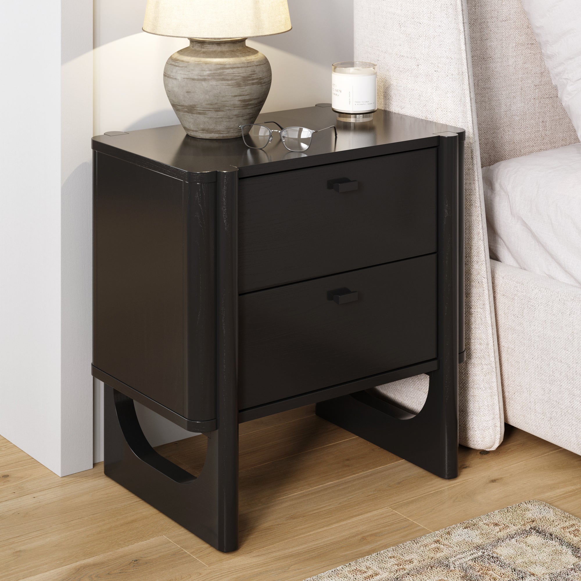 Mid Century Modern 2-Drawer Solid Wood Nightstand Black Mid Century Modern 2-Drawer Solid Wood Nightstand Black
