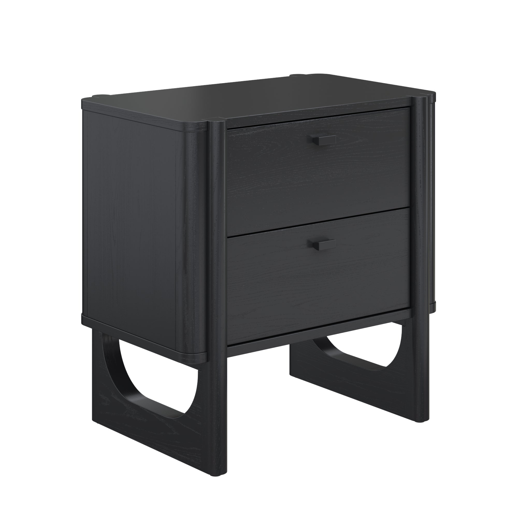 Black wooden nightstand with two drawers, minimalistic design, and unique open rectangular legs on each side. The drawers have small, square handles, and the finish is smooth and modern.