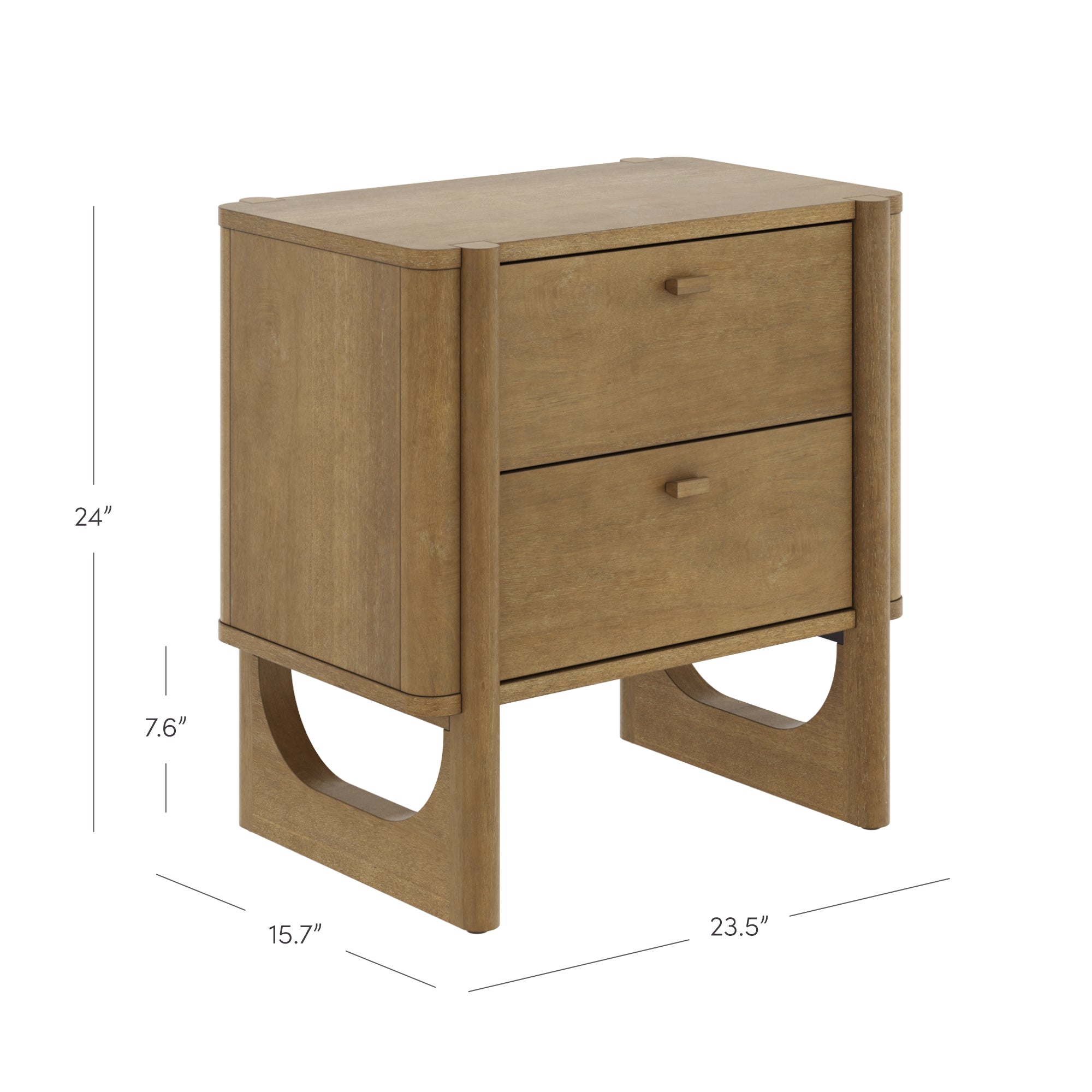 A wooden nightstand with two drawers and minimalist design, featuring rounded corners and open, U-shaped legs. Dimensions are marked: 24 high, 15.7 deep, and 23.5 wide; the top drawer is 7.6 tall.