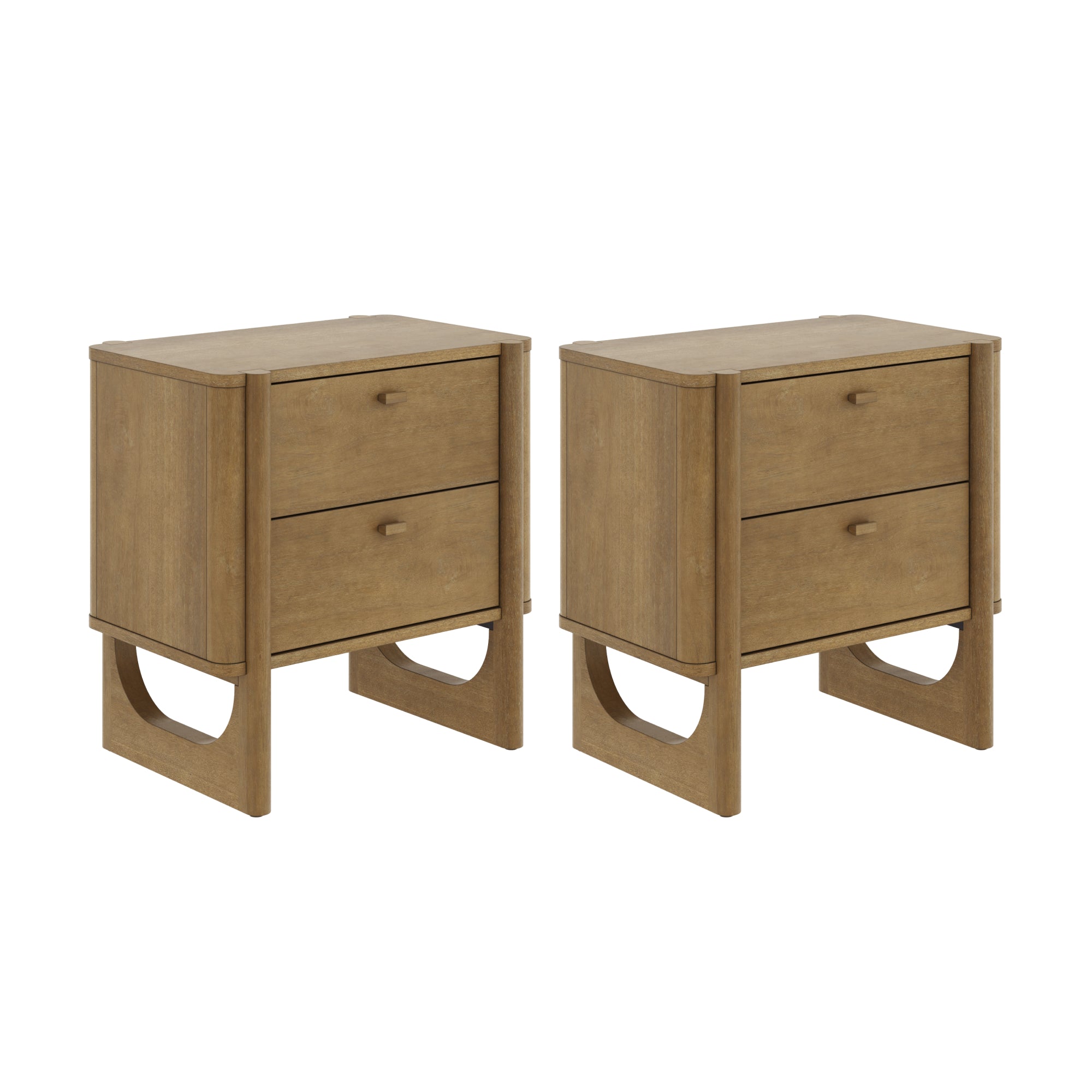 A pair of wooden nightstands with a light brown finish, each featuring two drawers and unique curved cutout legs, displayed side by side on a white background.