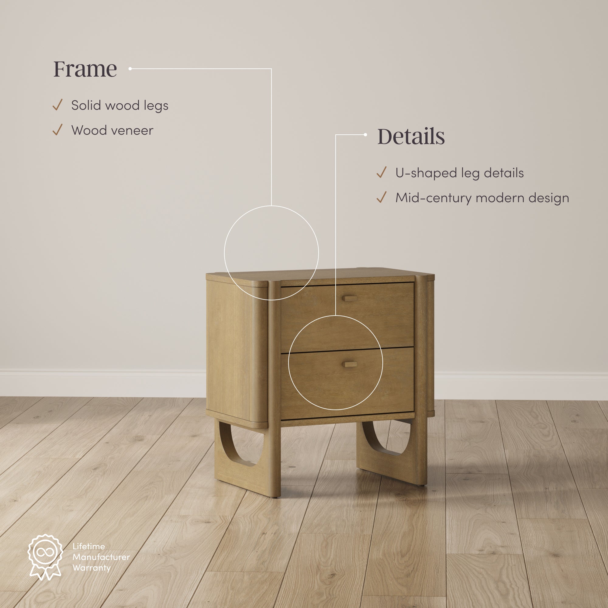 A small, mid-century modern wooden nightstand with two drawers, solid wood legs, U-shaped details, and a wood veneer finish, sits on a wooden floor against a plain beige wall.