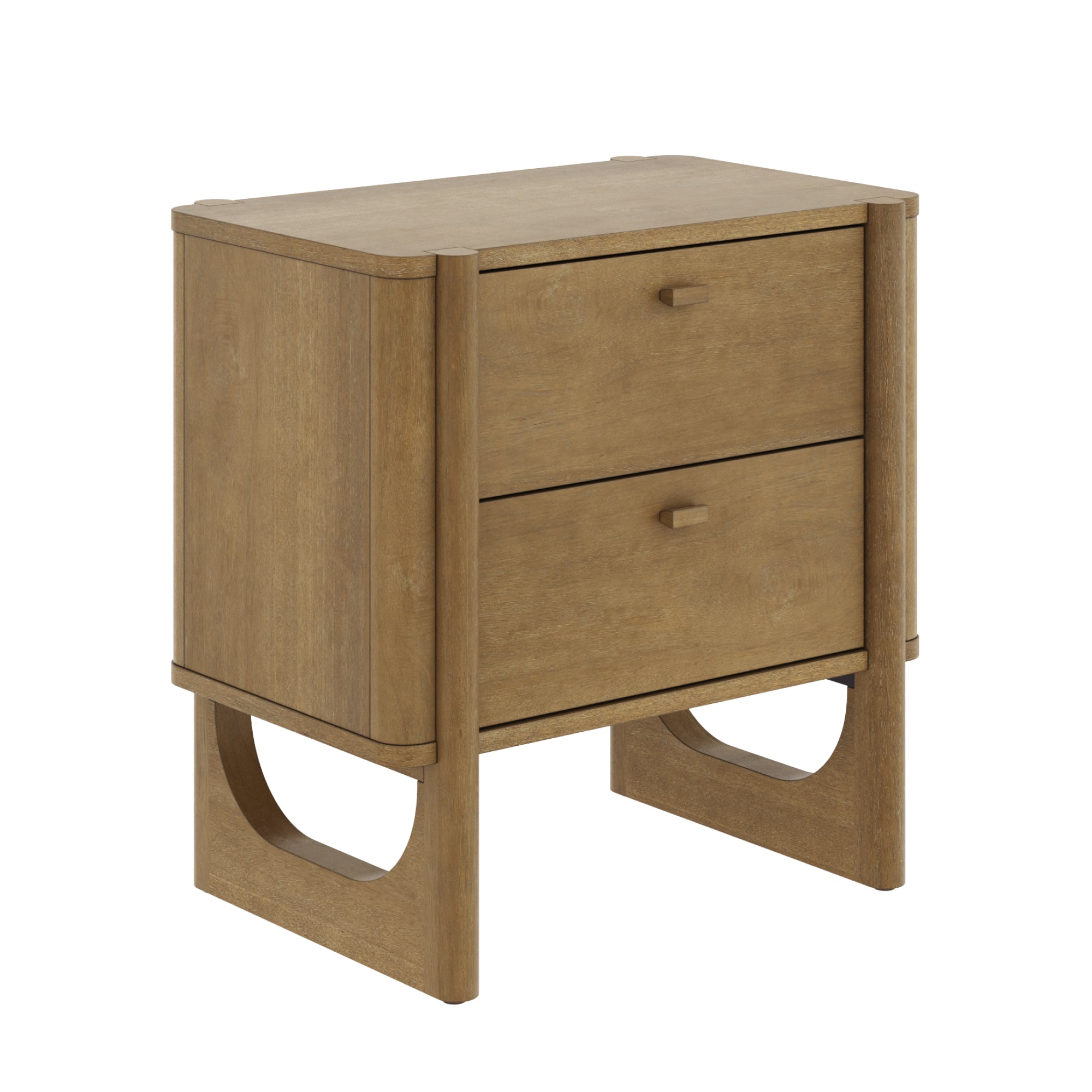 A wooden nightstand with a light brown finish, featuring two drawers with small knobs and rounded edges. The legs are open and curved, creating a modern, minimalist design.