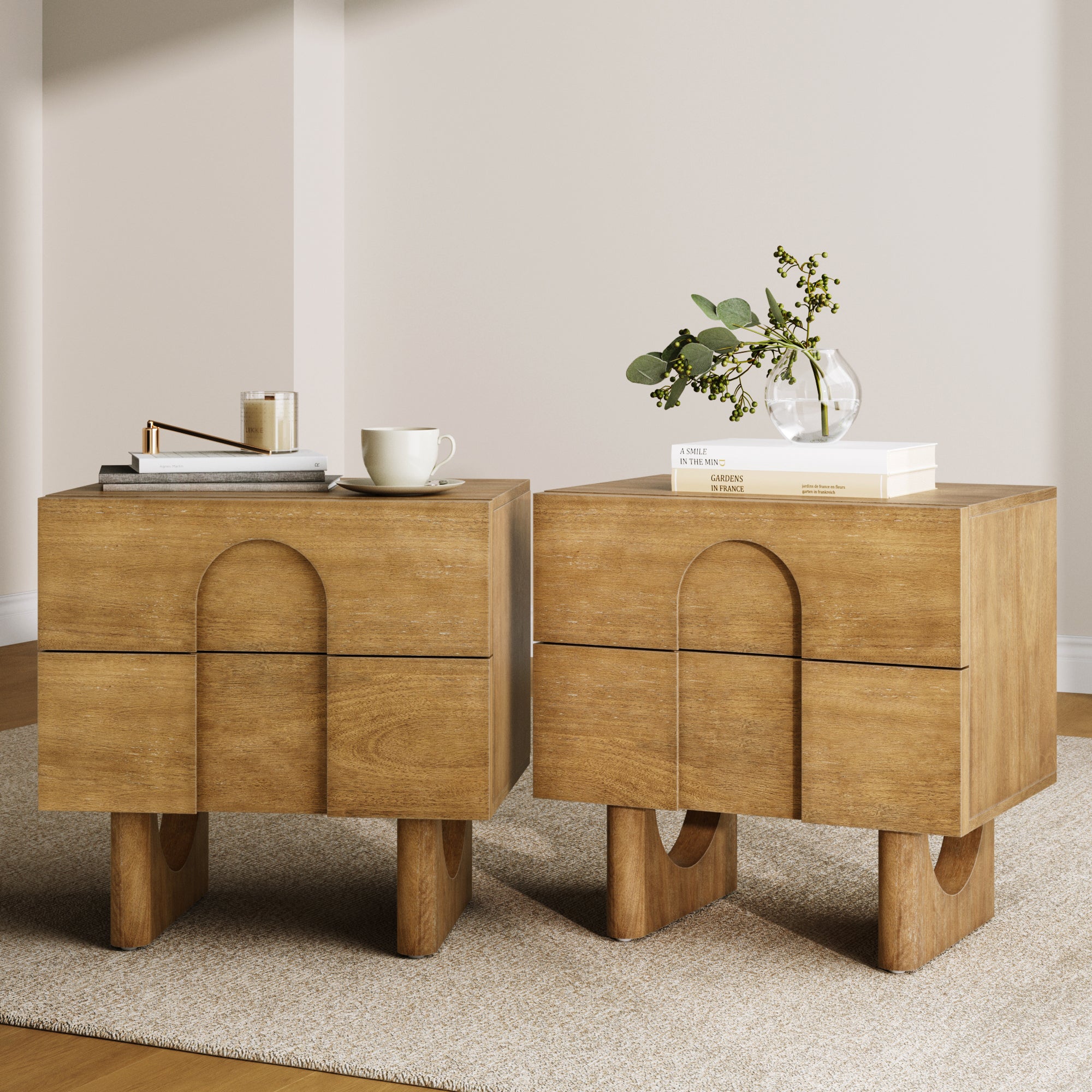 Wooden Bedside Table with Drawers Light Brown Set of 2