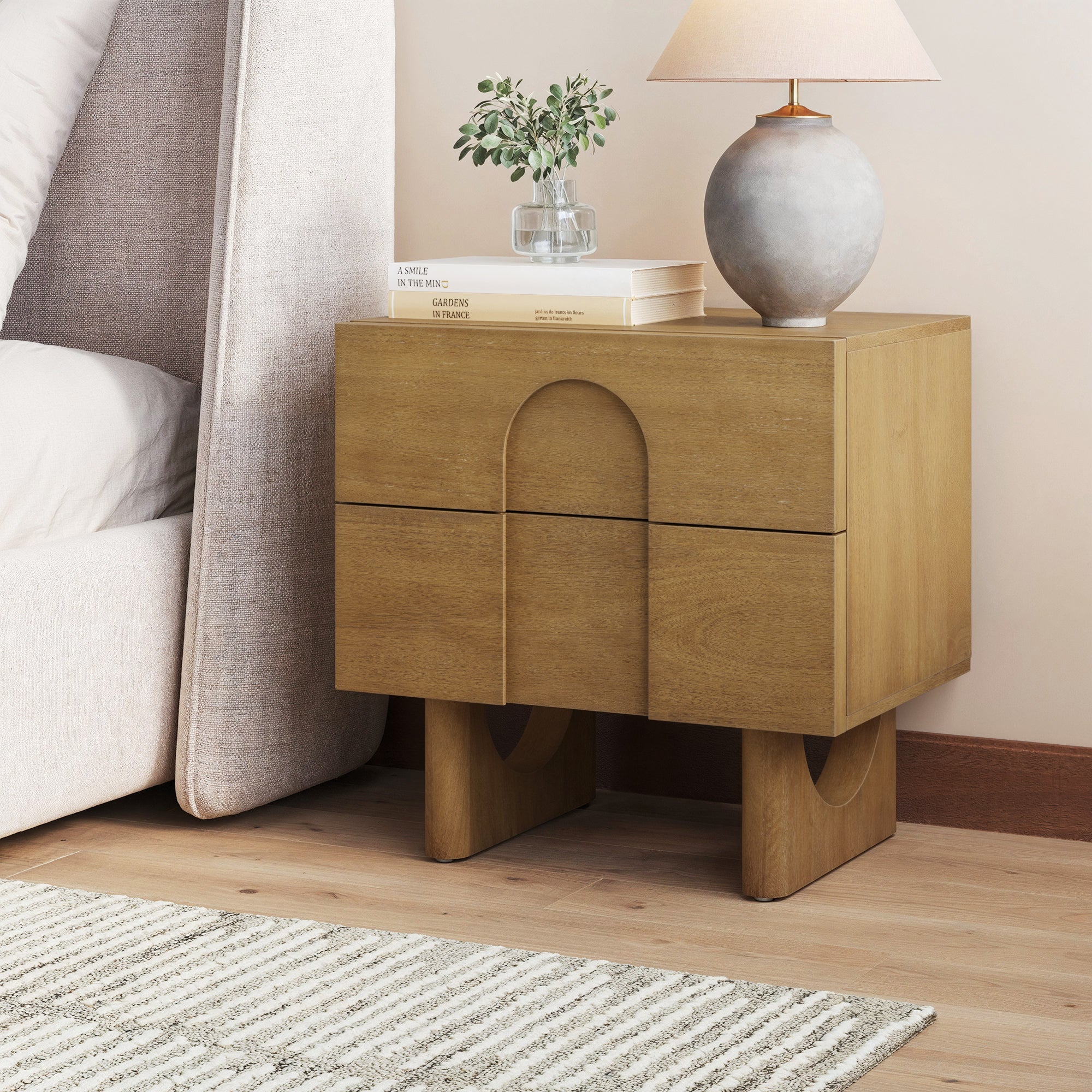 Wooden Bedside Table with Drawers and Solid Wood Legs Light Brown