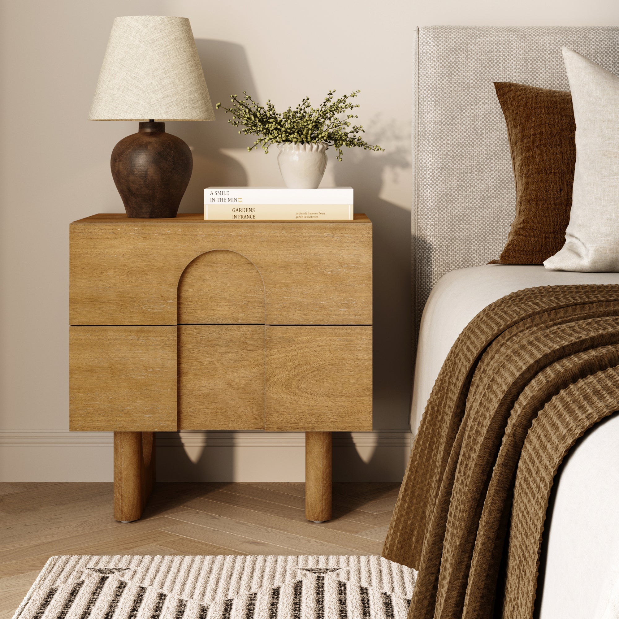 Wooden Bedside Table with Drawers and Solid Wood Legs Light Brown