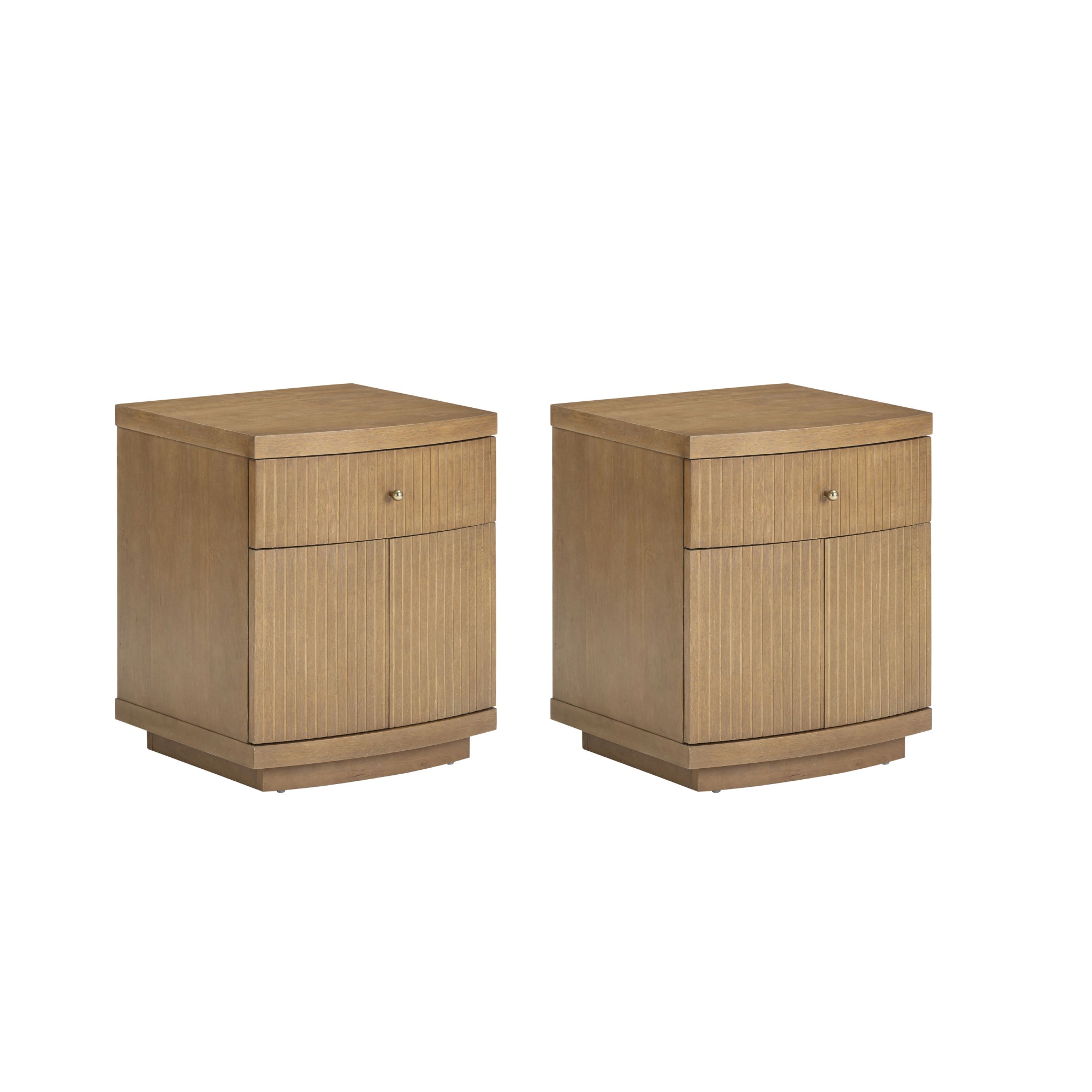A pair of wooden nightstands with a light brown finish, each featuring a single upper drawer with a knob and a lower cabinet section with vertical grooves, set against a white background.