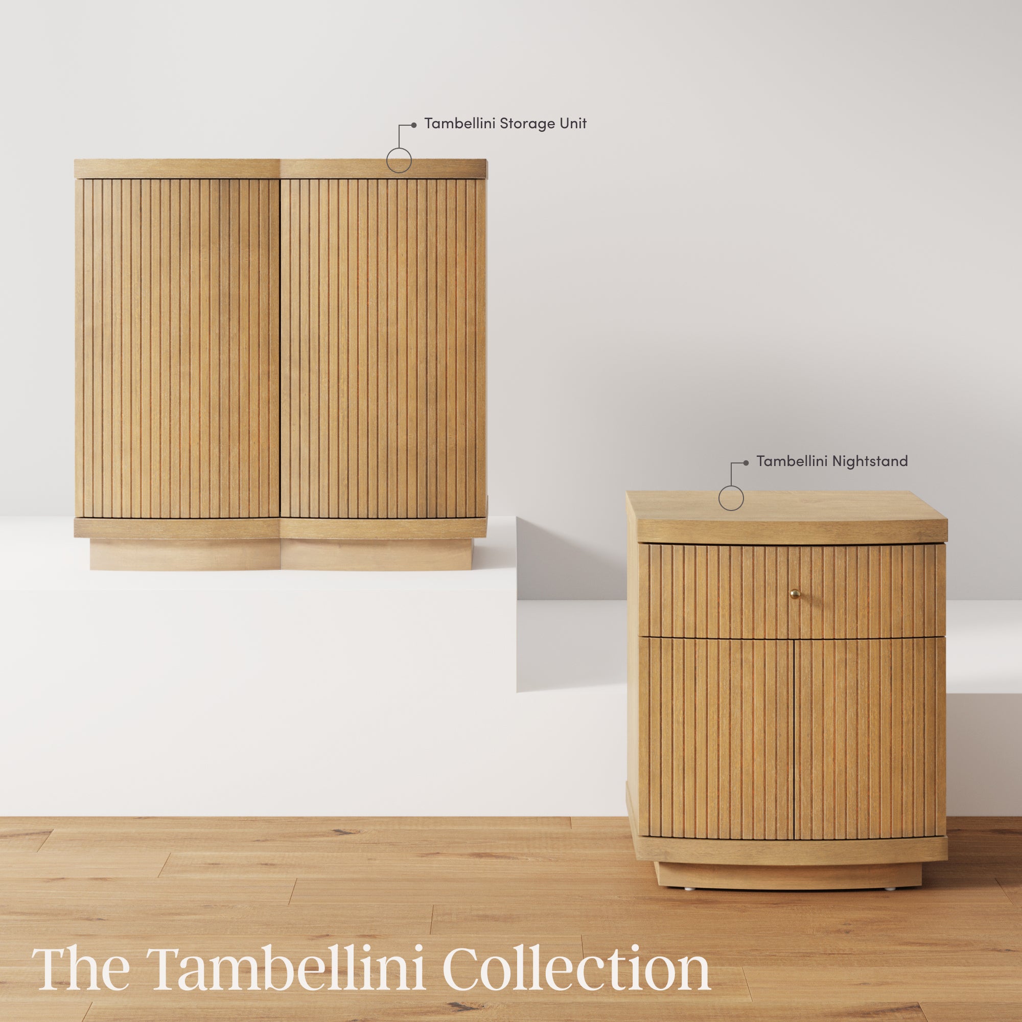 Two wooden furniture pieces—a Tambellini Storage Unit and a Tambellini Nightstand—stand on a wooden floor against a white wall. Text labels identify each item. Below, the text reads The Tambellini Collection.