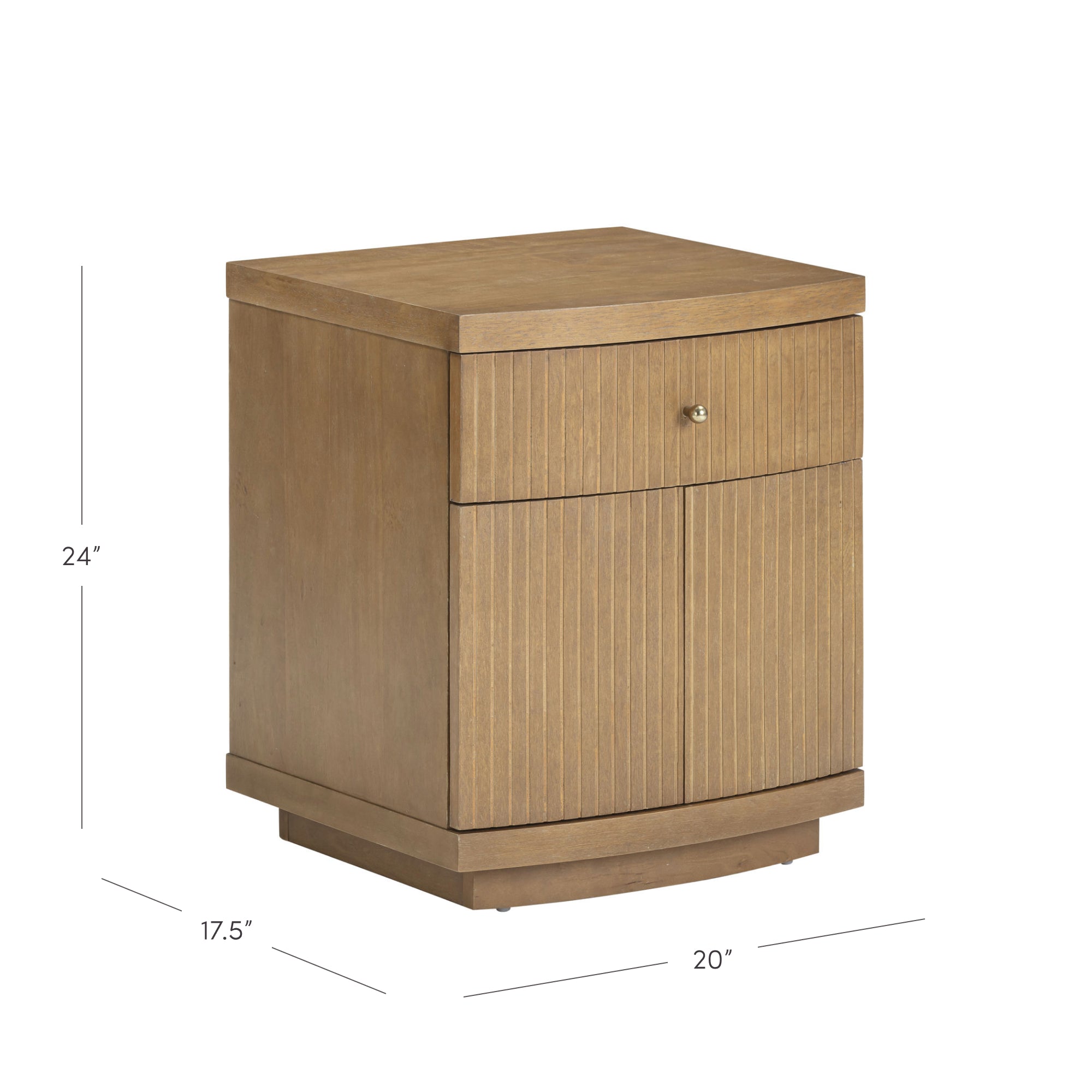 Wooden nightstand with a single drawer and two-door cabinet below, vertical grooves on the cabinet doors, and a small round drawer knob. Dimensions: 24 high, 20 wide, 17.5 deep.