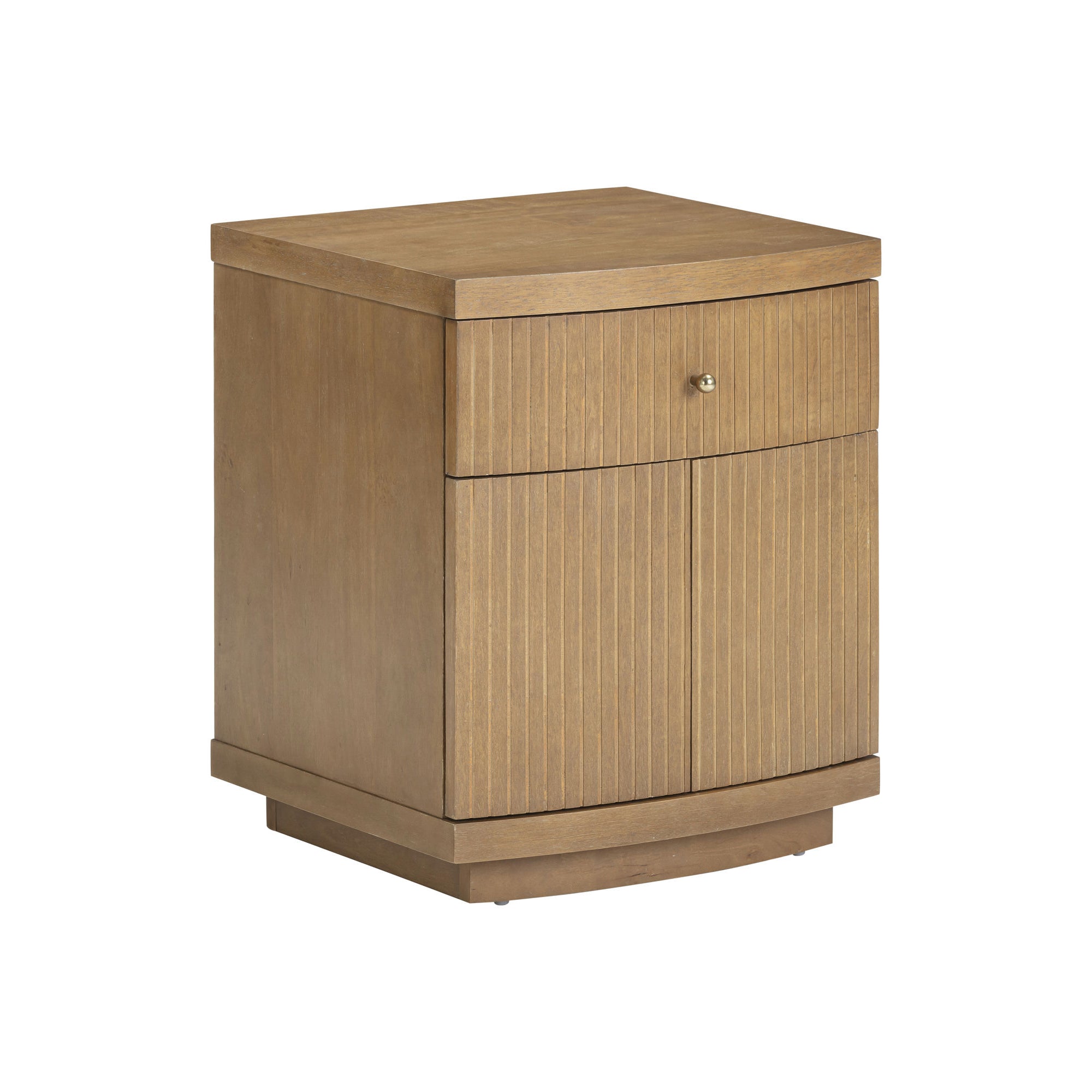 A wooden nightstand with a single drawer at the top and a cabinet below, featuring vertical grooves on the front and a small round metal knob on the drawer.