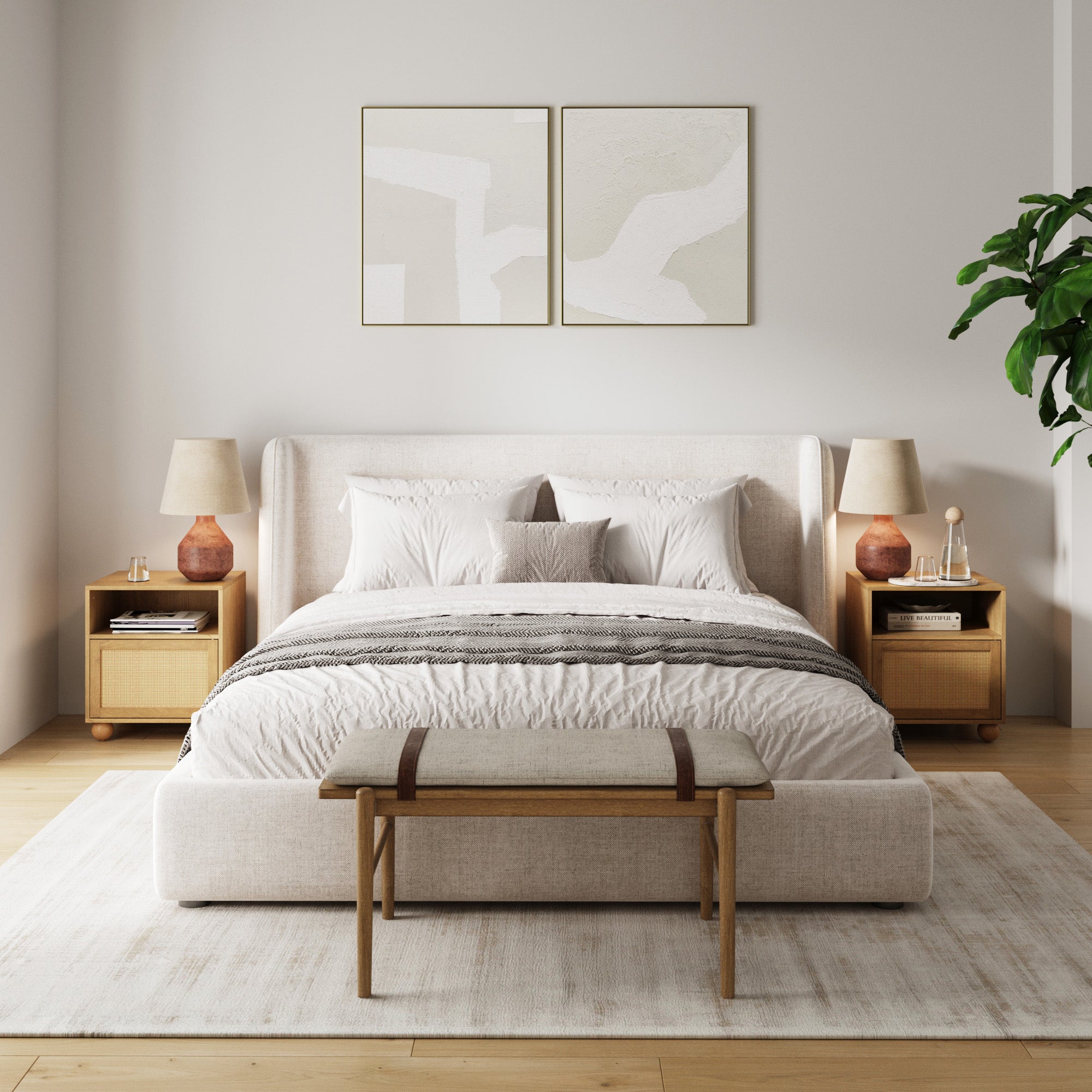 Coastal Rattan & Wood Nightstand with Storage (Set of 2)