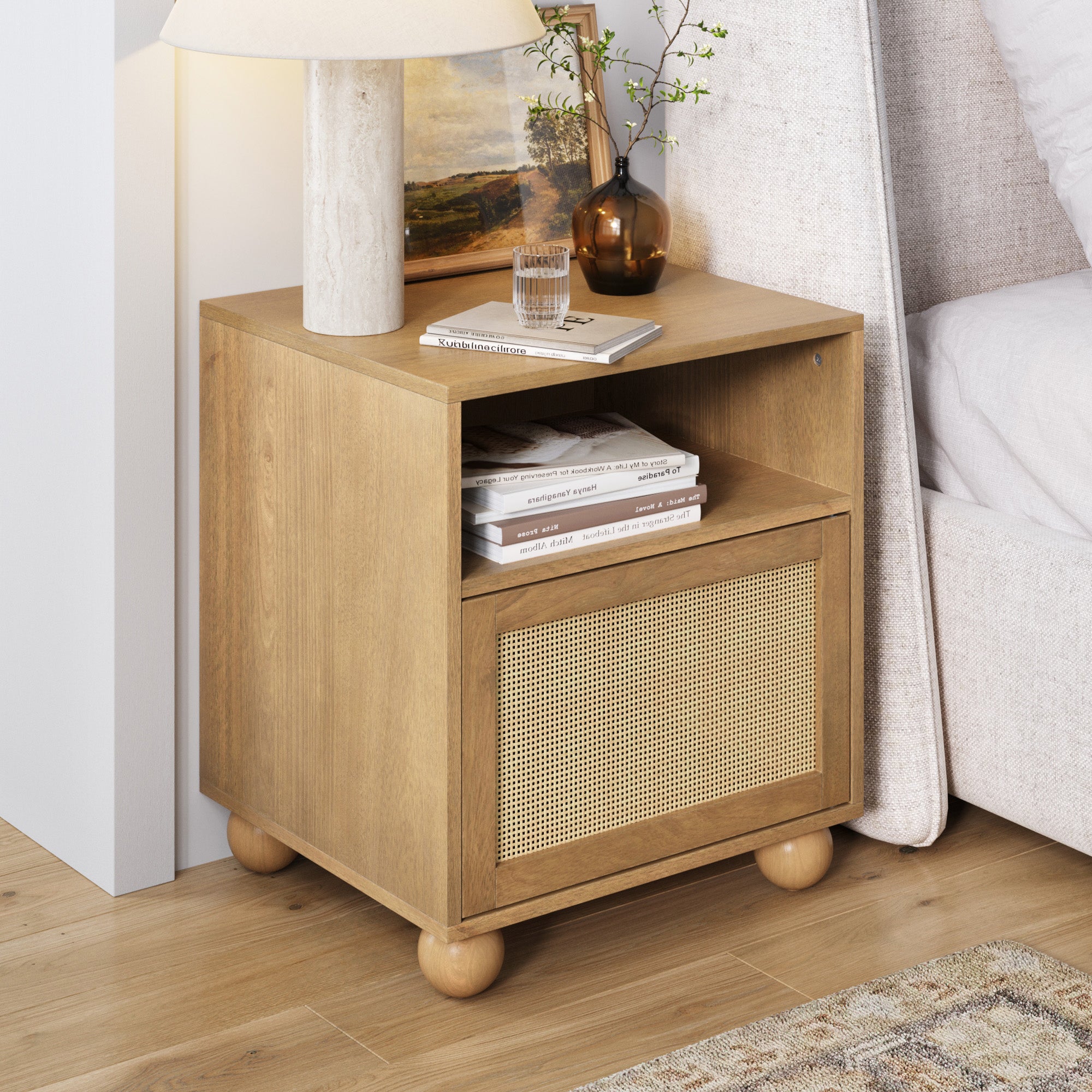 Coastal Rattan & Wood Nightstand with Storage
