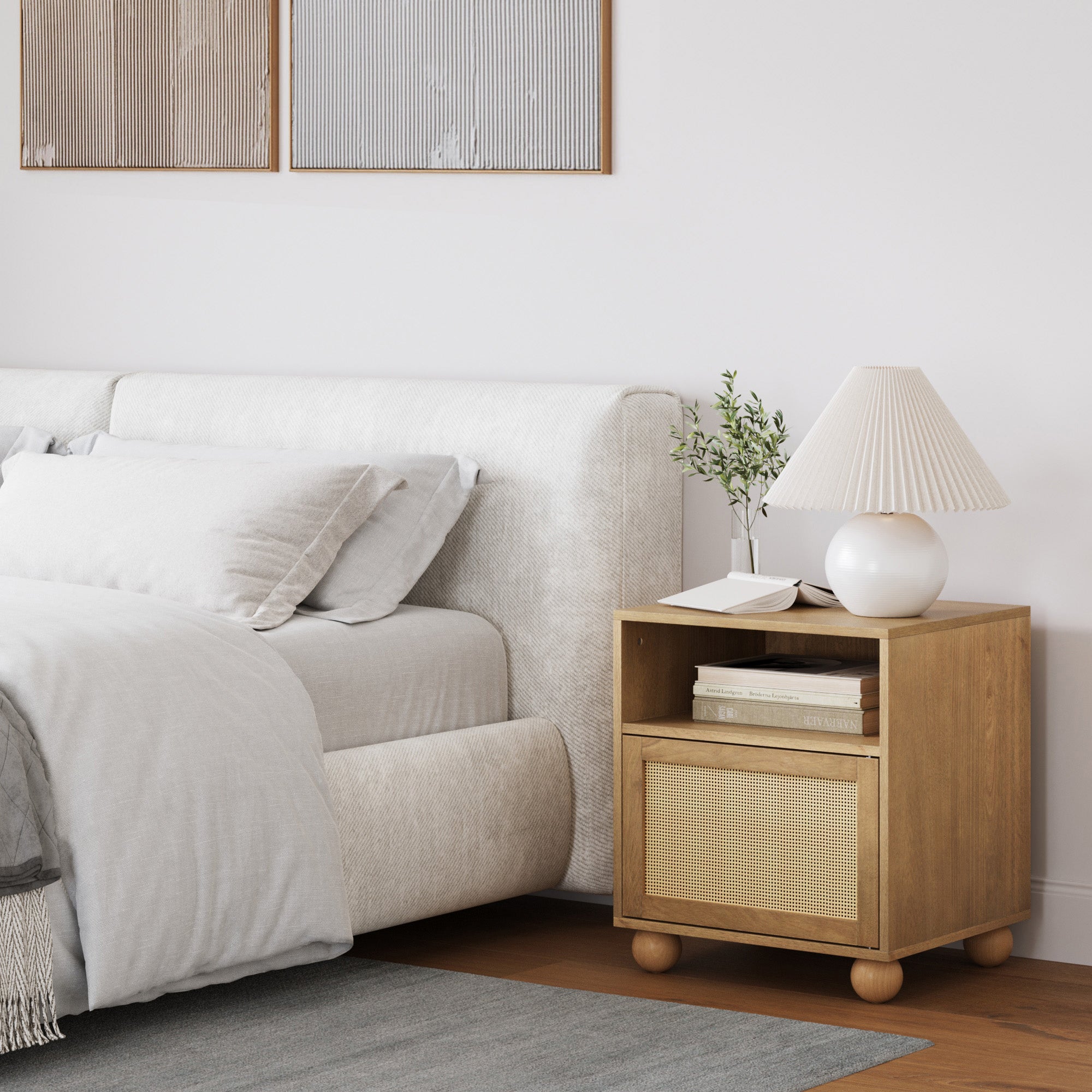 Coastal Rattan & Wood Nightstand with Storage