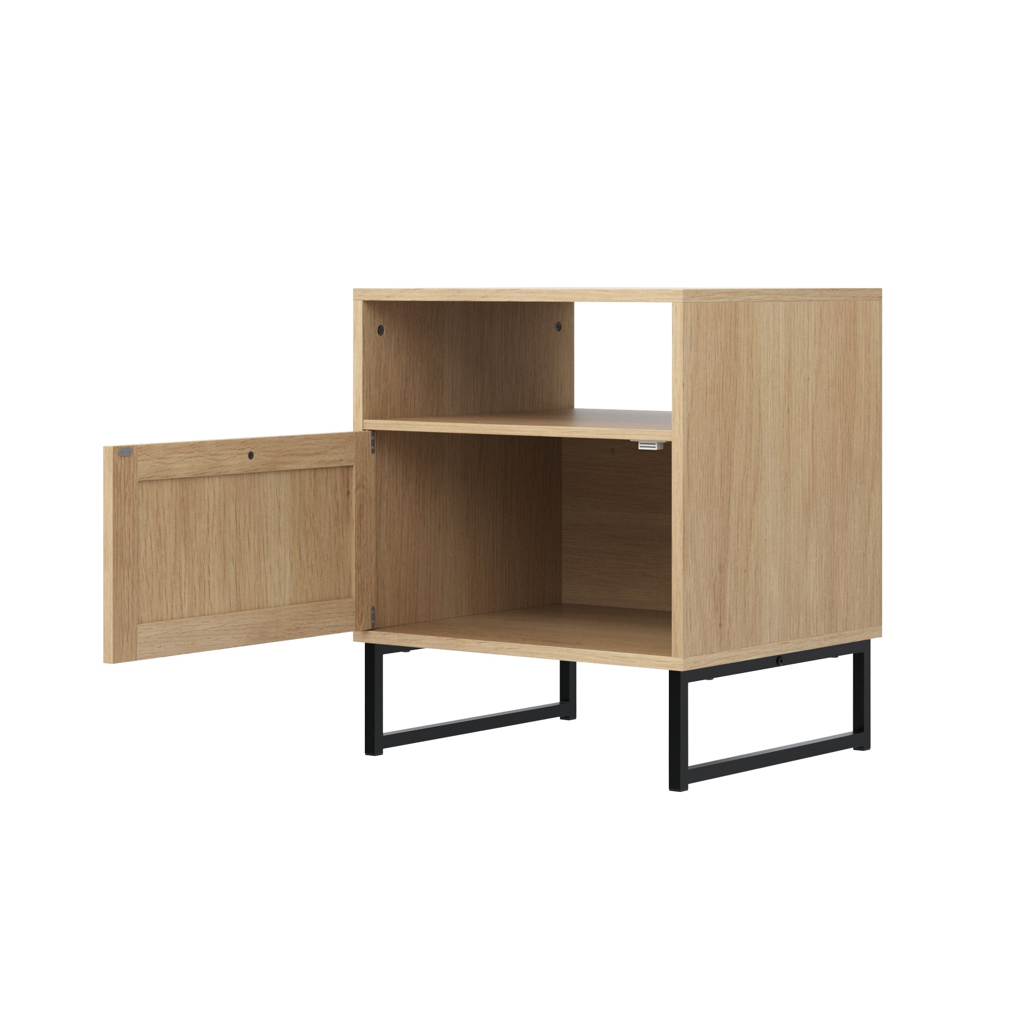 A wooden side table with black metal legs, featuring an open shelf at the top and a lower compartment with a door that is open, revealing storage space inside.