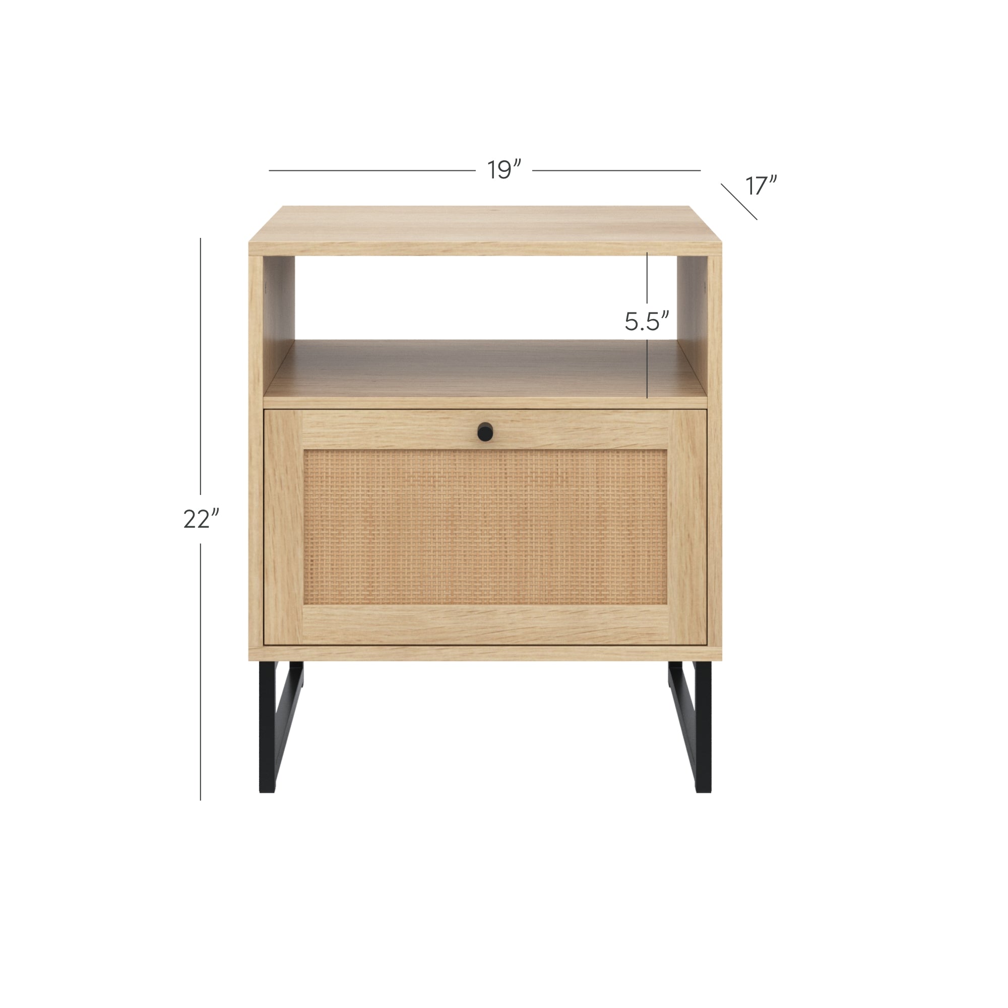 A light wood nightstand with black metal legs, an open shelf (5.5” tall), and a lower drawer with a woven front panel. Dimensions: 22” high, 19” wide, and 17” deep.