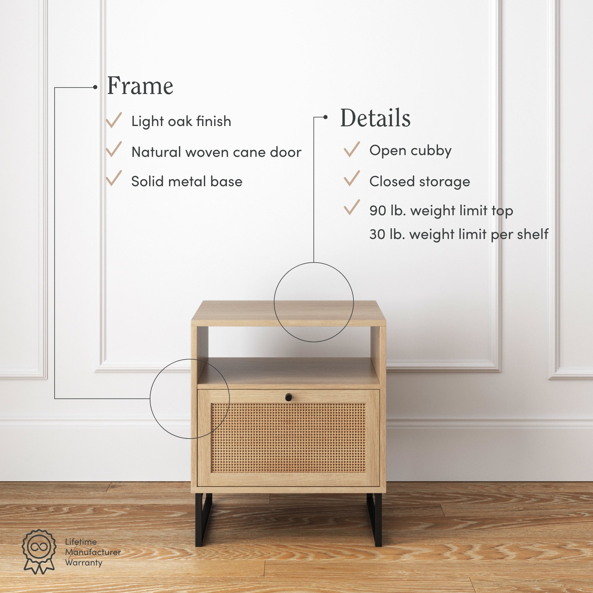 A light oak nightstand with a woven cane door and solid metal base sits against a white paneled wall. Text highlights its features: open cubby, closed storage, 90 lb. top limit, and 30 lb. shelf limit.