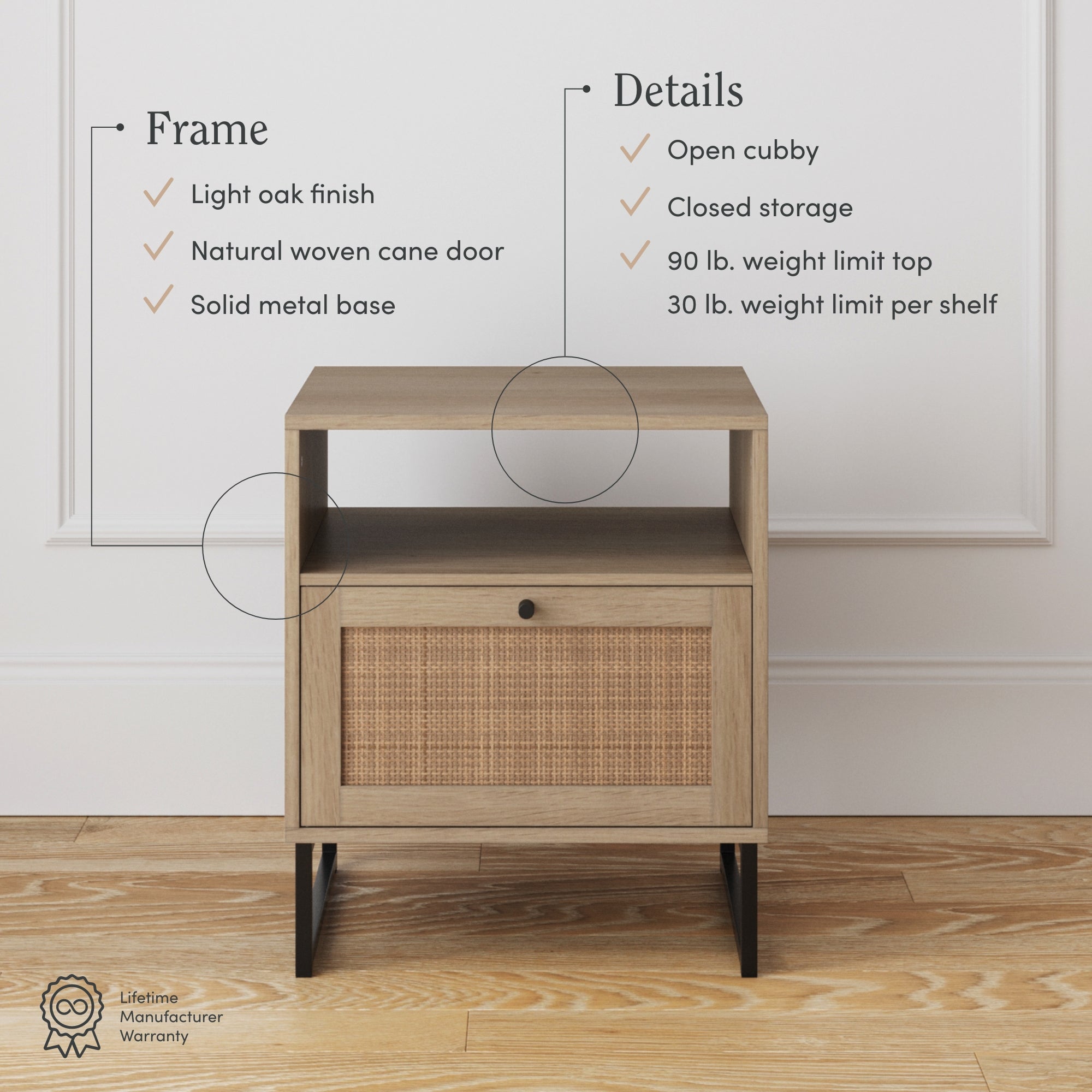 A wooden side table with a light oak finish, an open cubby, a woven cane door, solid metal base, and black legs. Text highlights its features, weight limits, and a lifetime manufacturer warranty icon.