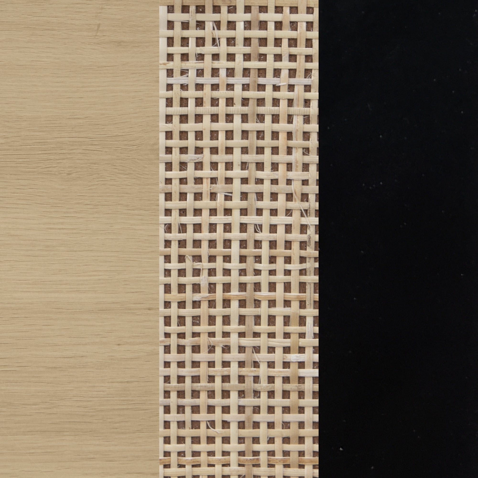A vertical panel with three sections: light wood on the left, woven rattan in the center, and solid black on the right.