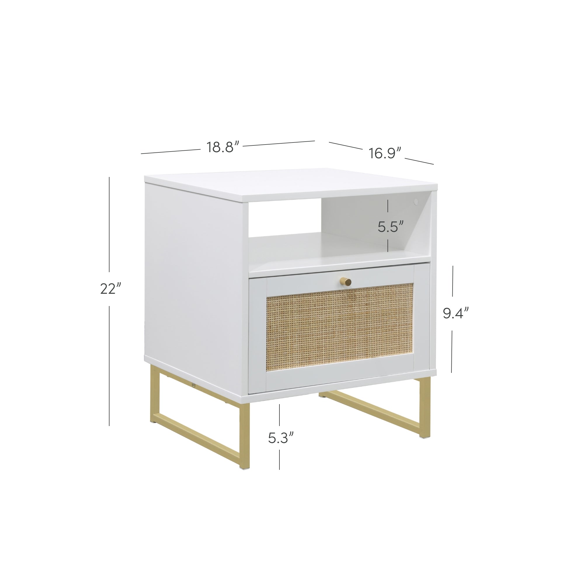 White nightstand with gold legs, a rattan-front drawer, and an open shelf. Dimensions: 22 high, 18.8 wide, 16.9 deep. Drawer measures 9.4 high and 5.3 deep, shelf opening is 5.5 high.