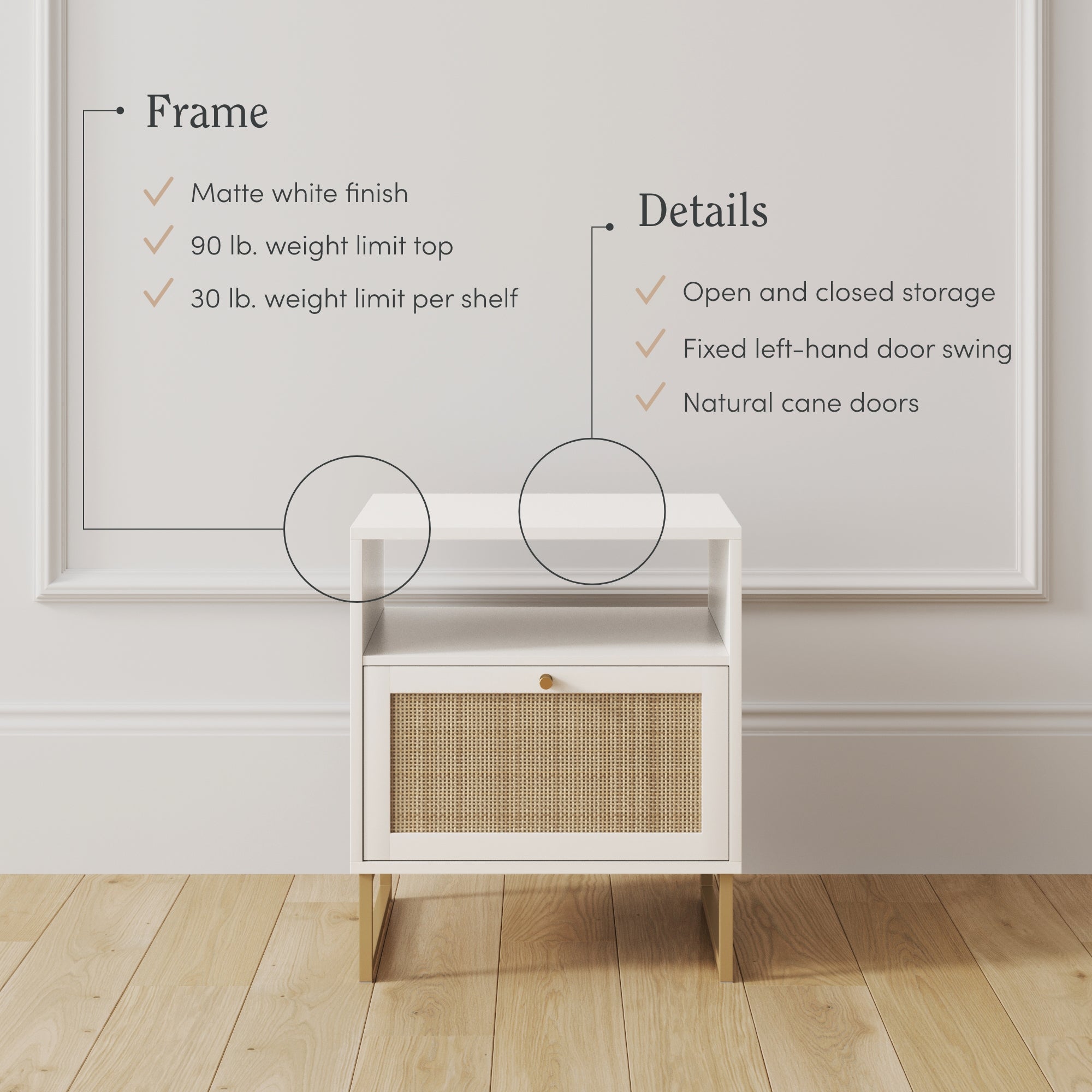 A white nightstand with a cane-front drawer and open shelf sits on a wooden floor against a white paneled wall. Text highlights features: matte white finish, weight limits, open/closed storage, left-hand swing, and natural cane doors.