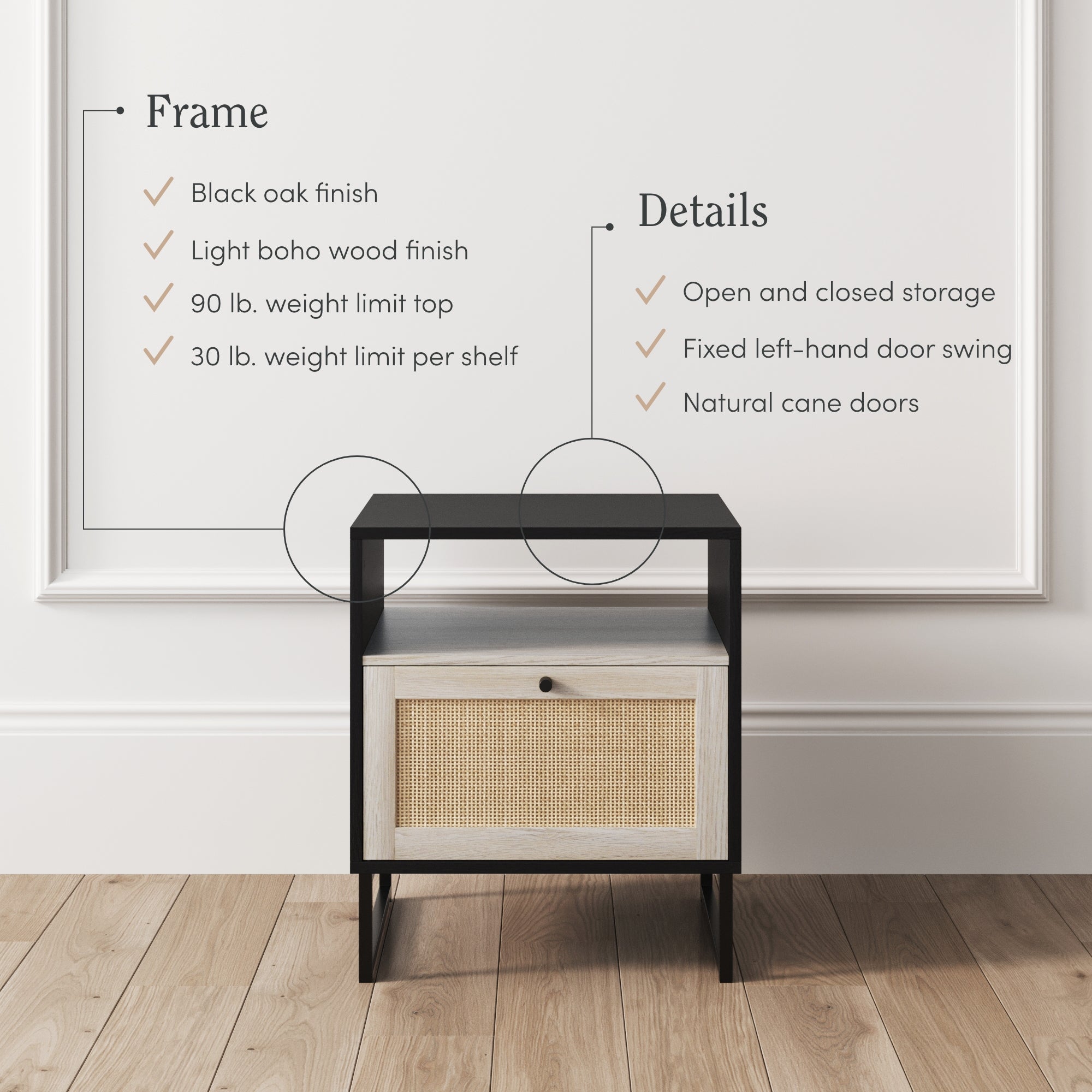 A small black and light wood nightstand with a cane door is shown in a room. Text highlights features: black oak finish, light boho wood, weight limits, open and closed storage, fixed door swing, and natural cane doors.