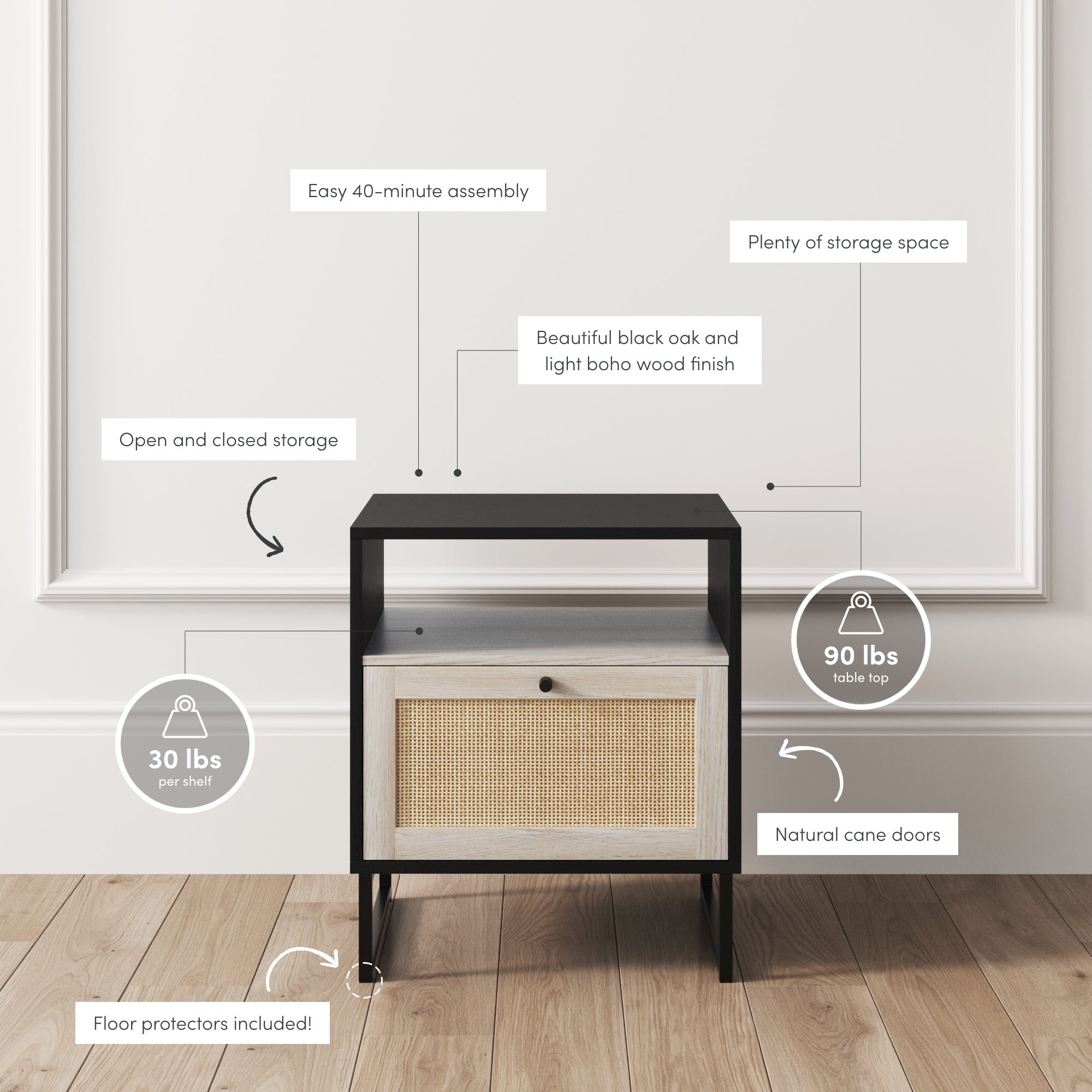 A modern side table with black legs, an open shelf, a drawer with a cane front, and a wood top. Text highlights features such as easy assembly, 90 lbs table top weight limit, and floor protectors.