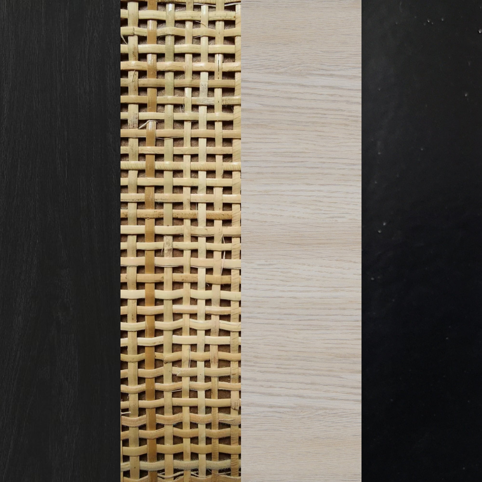 Four vertical panels showing different textures: black wood grain, woven beige rattan, light wood grain, and solid black marble.