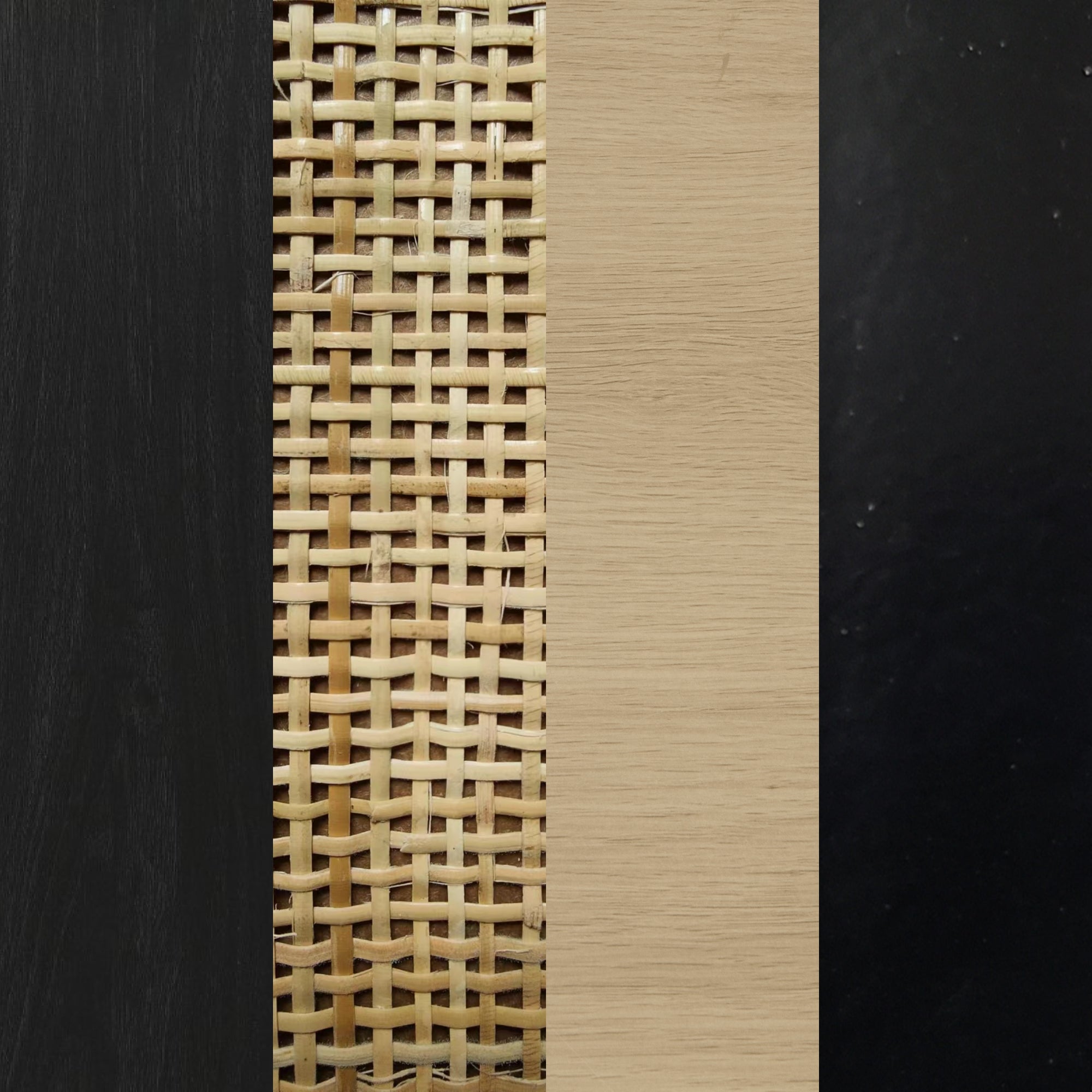 Four vertical panels showing different textures: black wood, woven rattan, light wood, and black marble.