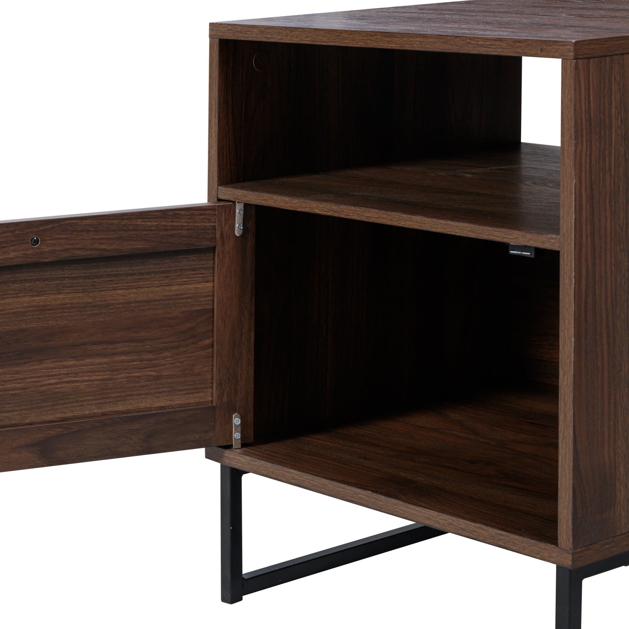 A wooden cabinet with a dark finish, featuring an open door, two interior shelves, and thin black metal legs. The cabinet has a modern, minimalist design.
