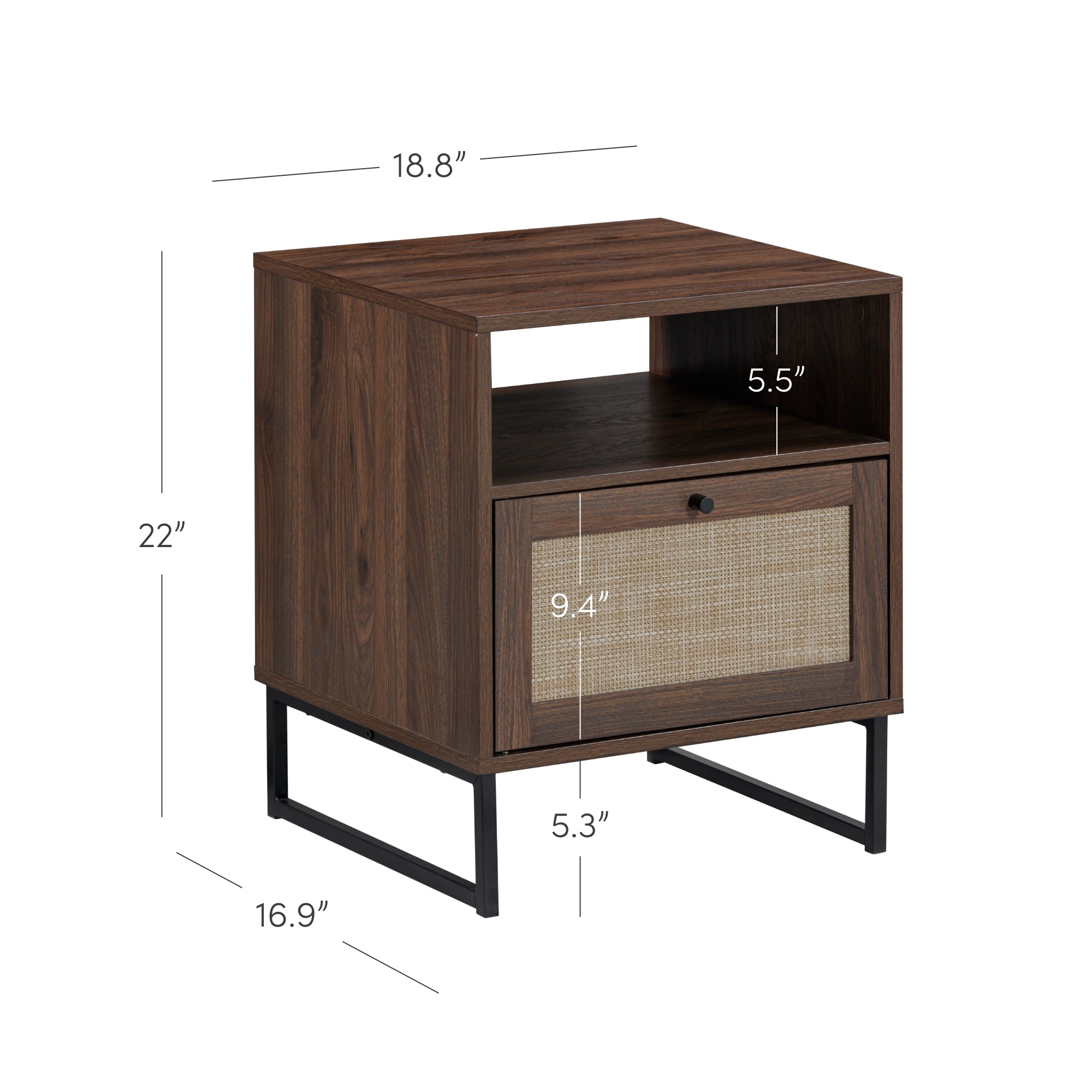 A wooden nightstand with black metal legs, an open shelf, and a drawer with a woven front. Dimensions are labeled: 18.8 wide, 22 tall, 16.9 deep, shelf height 5.5, drawer height 9.4, leg height 5.3.