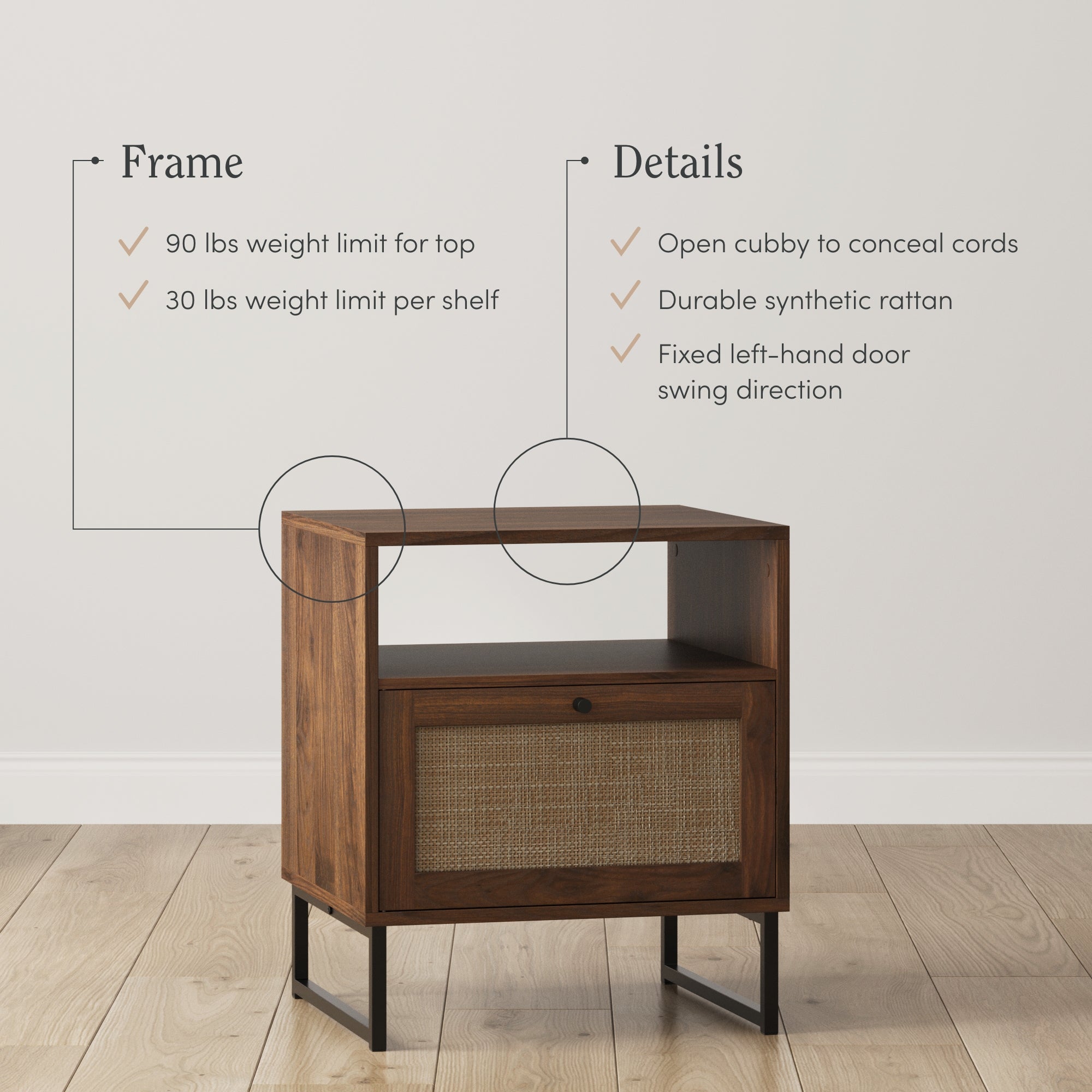 A wooden side table with an open cubby and a rattan-front drawer sits on a wood floor. Overlay text lists weight limits and features like cord concealment, synthetic rattan, and a fixed left-hand door swing.