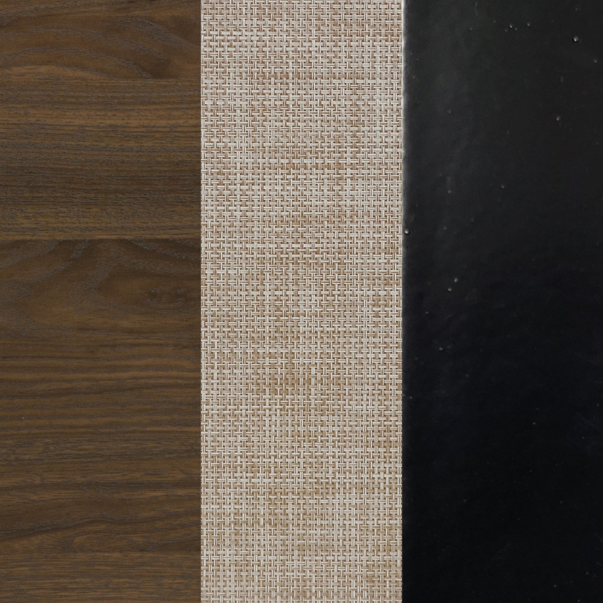 A close-up of three vertical surfaces: brown wood on the left, beige woven fabric in the center, and black glossy material on the right.