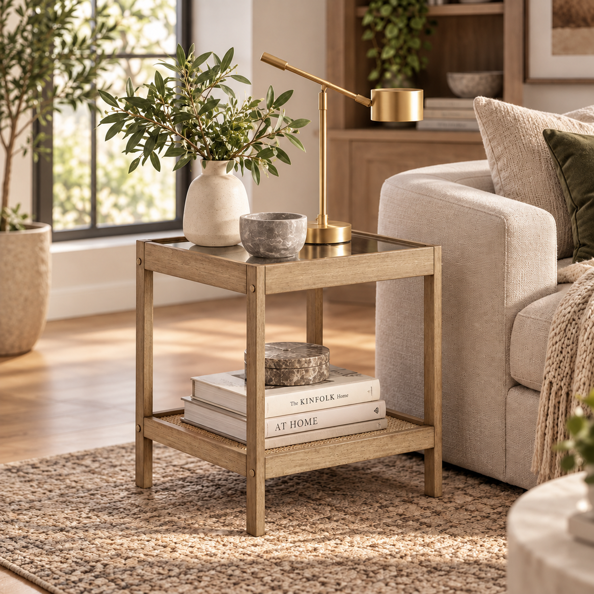 A square wooden side table with a glass top holding a vase of greenery, a small bowl, and a brass lamp, with two books stacked on the bottom shelf.
