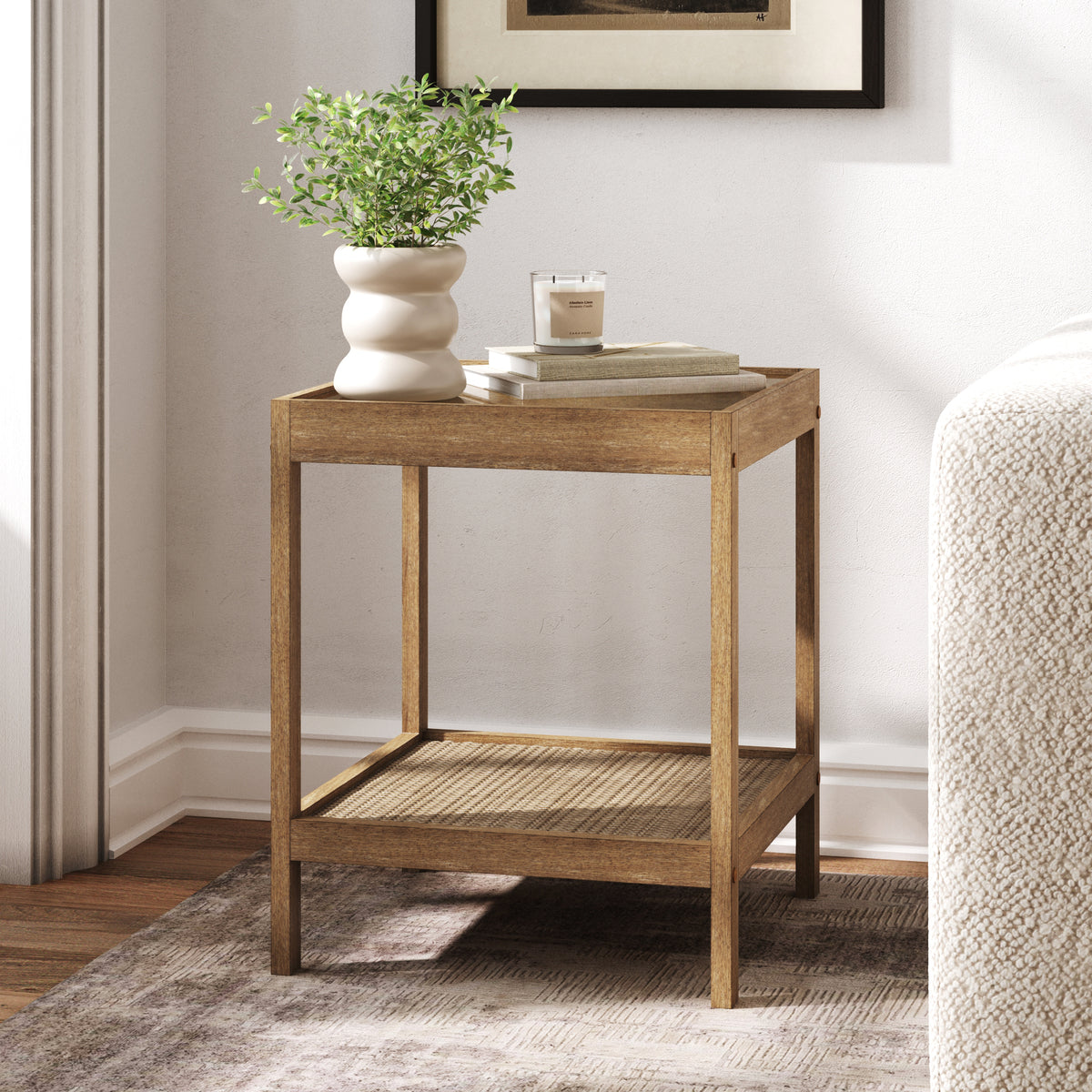 Solid Wood, Rattan & Glass Top End Table