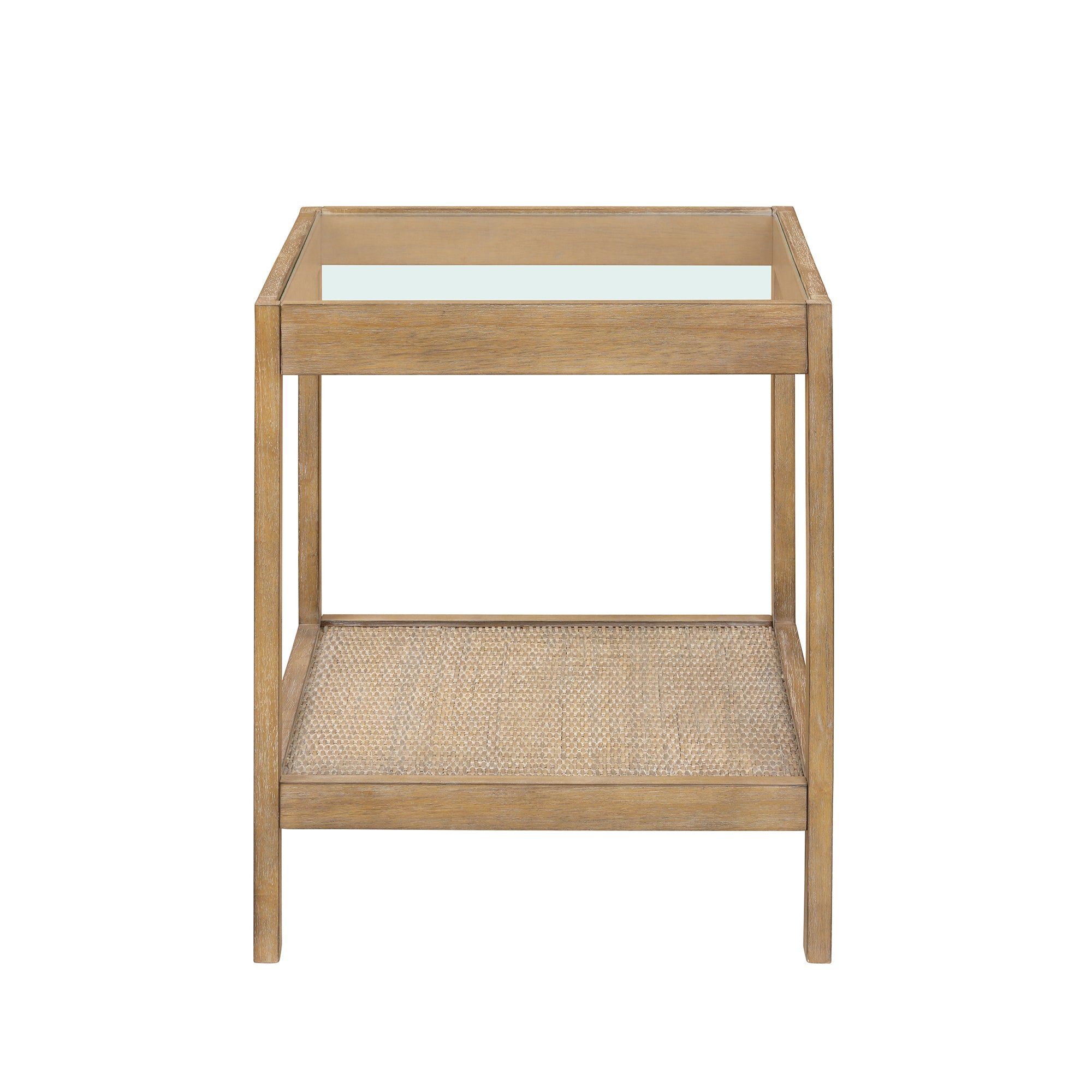 A wooden side table with a glass top and an open lower shelf featuring a woven surface, photographed against a white background.