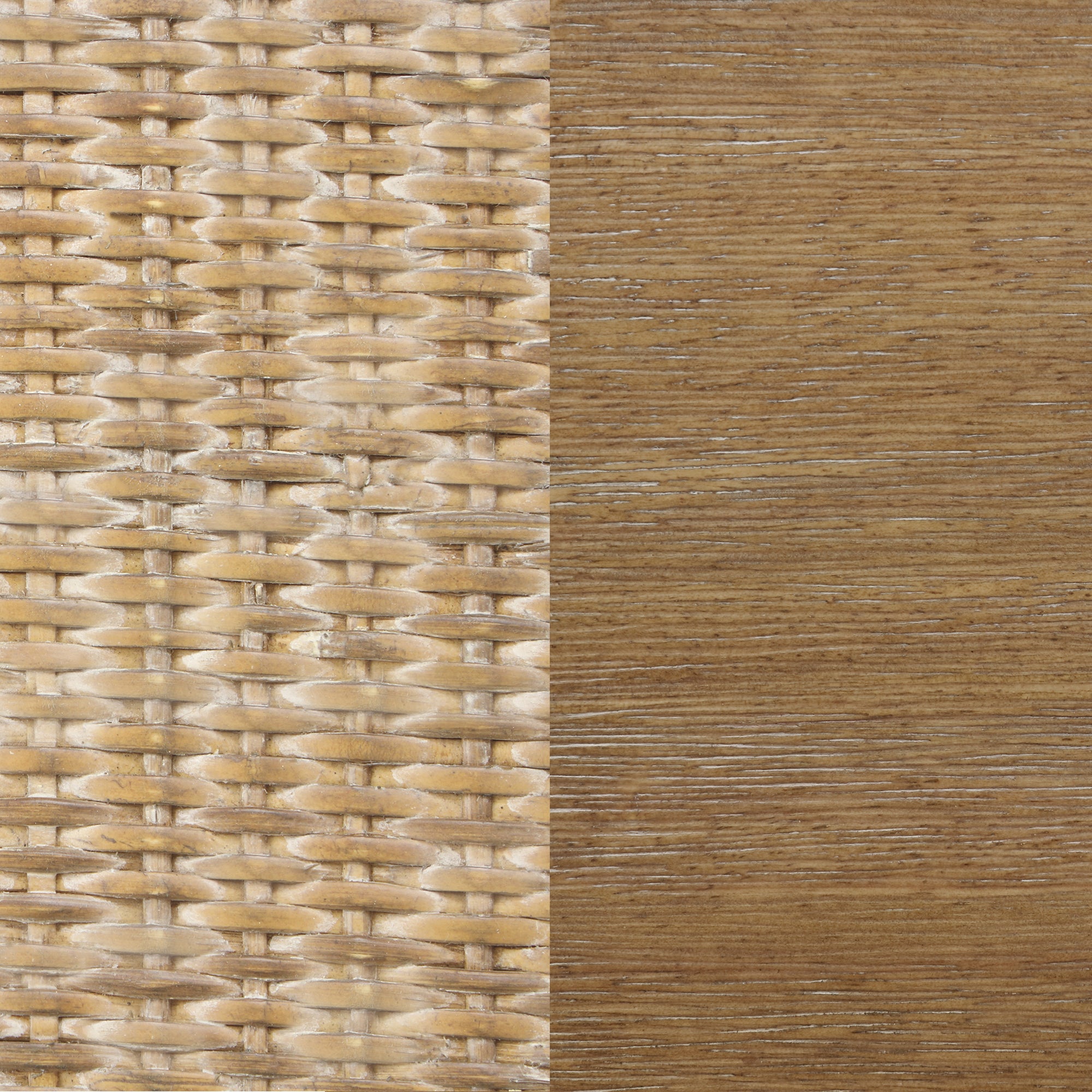 Close-up of two textures side by side: on the left, a woven rattan pattern in light brown and white; on the right, a smooth, natural wood grain surface in a similar brown shade.