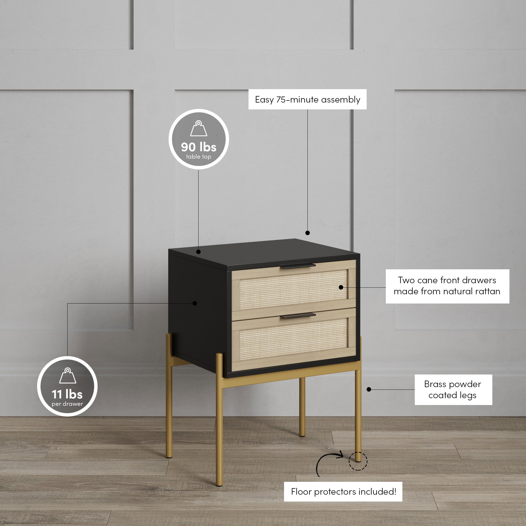 A black and natural rattan nightstand with two cane-front drawers, brass powder-coated legs, and floor protectors, shown against a gray wall. Text highlights assembly time, weight limits, and features.