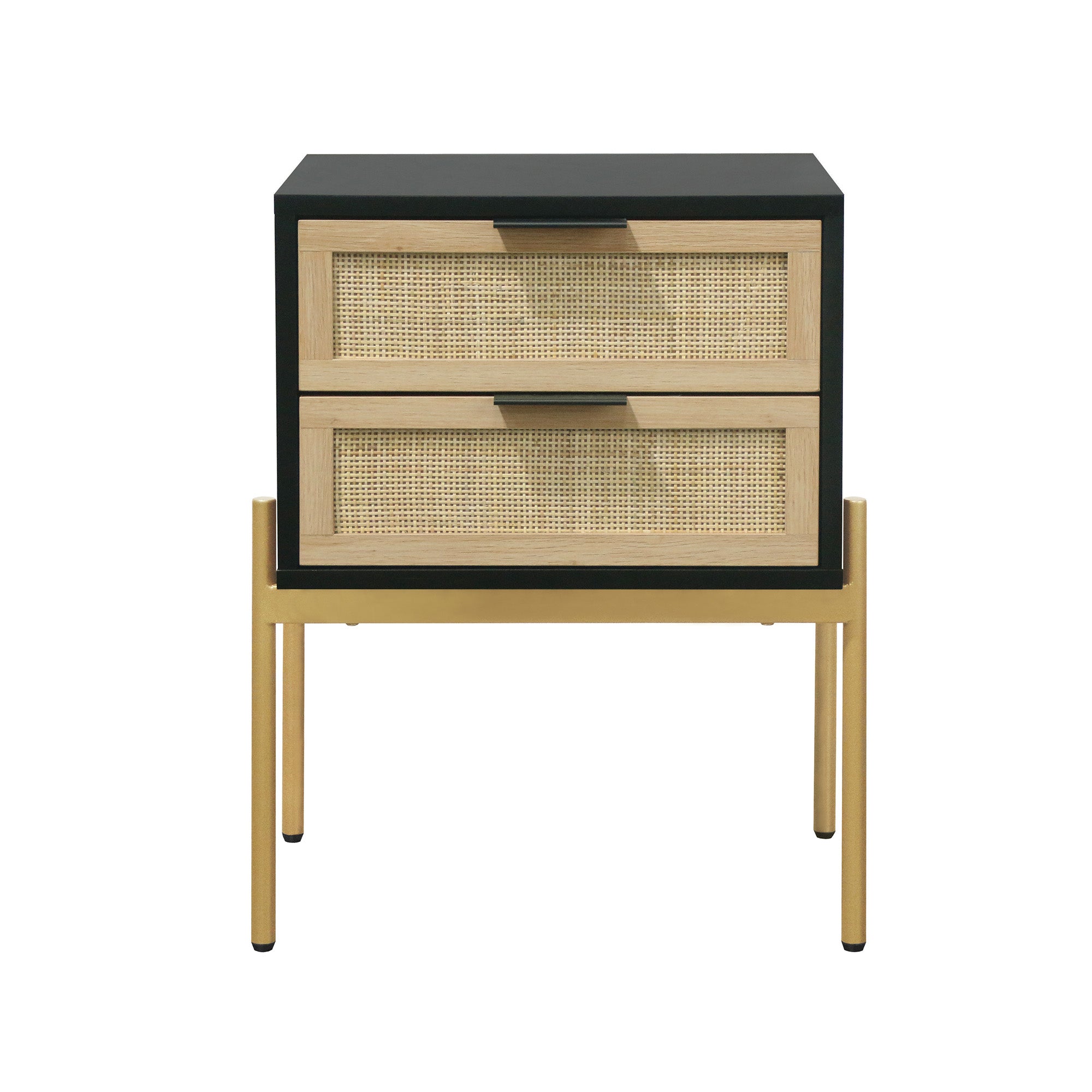 A modern nightstand with a black frame, two woven rattan-front drawers, light wood trim, and slender light wood legs, set against a white background.