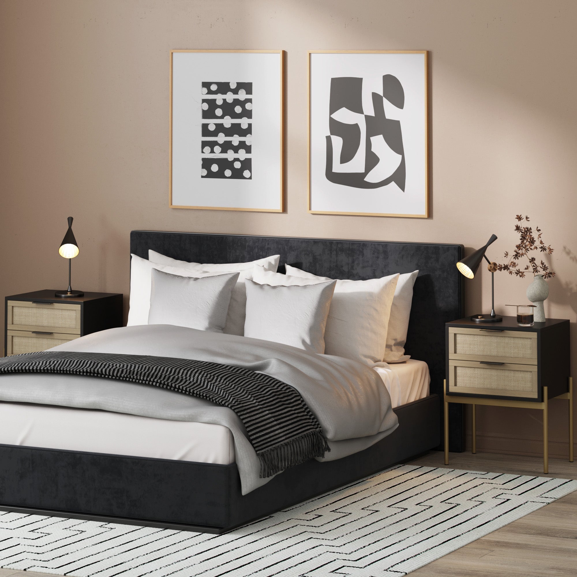 Modern bedroom with a black upholstered bed, white and gray bedding, Nathan James Wood & Rattan Nightstands Black (Set of 2) with lamps, minimalist decor, abstract art on the wall, and a geometric rug on the floor.