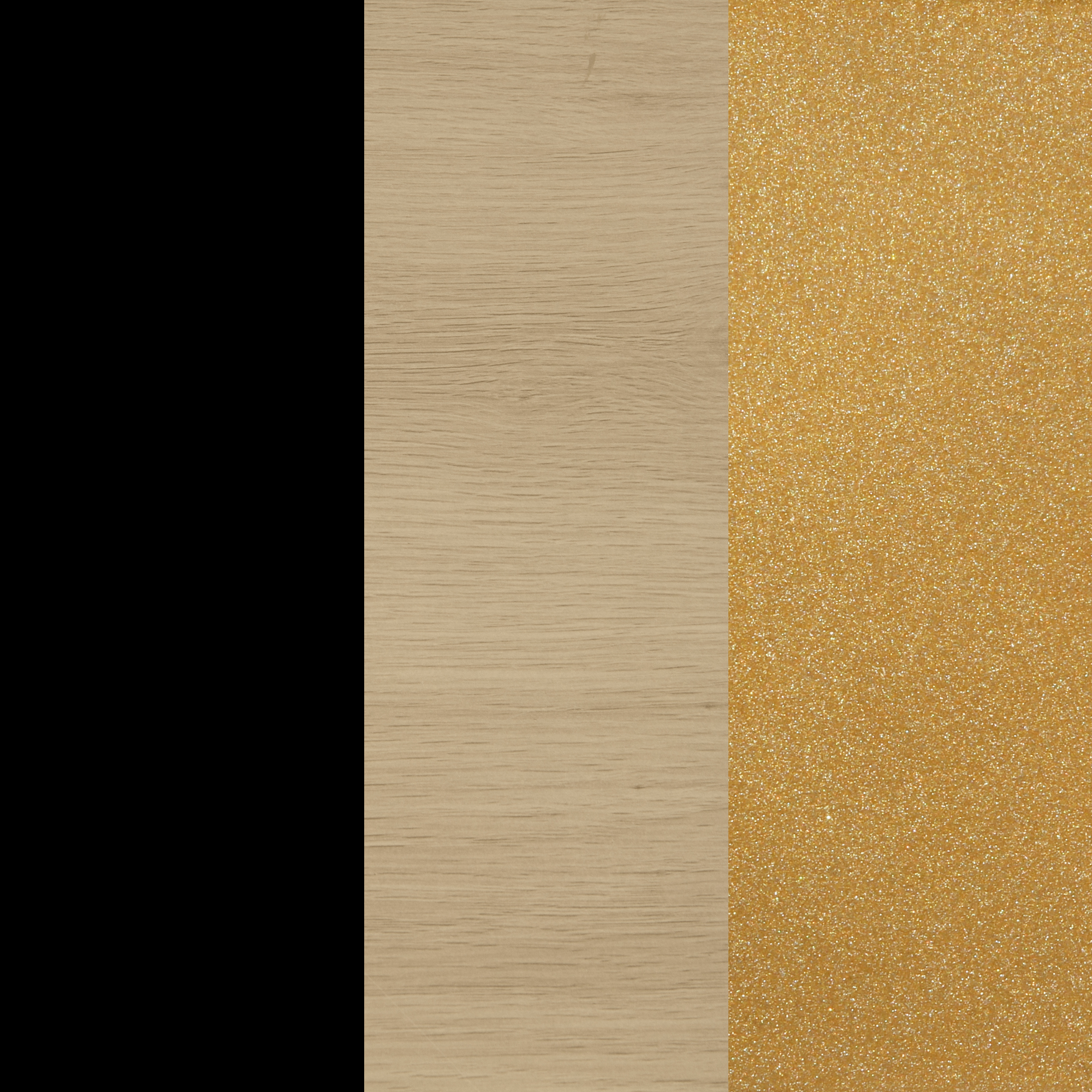 A vertical triptych featuring three equal sections: solid black on the left, light wood grain in the middle, and gold glitter texture on the right.