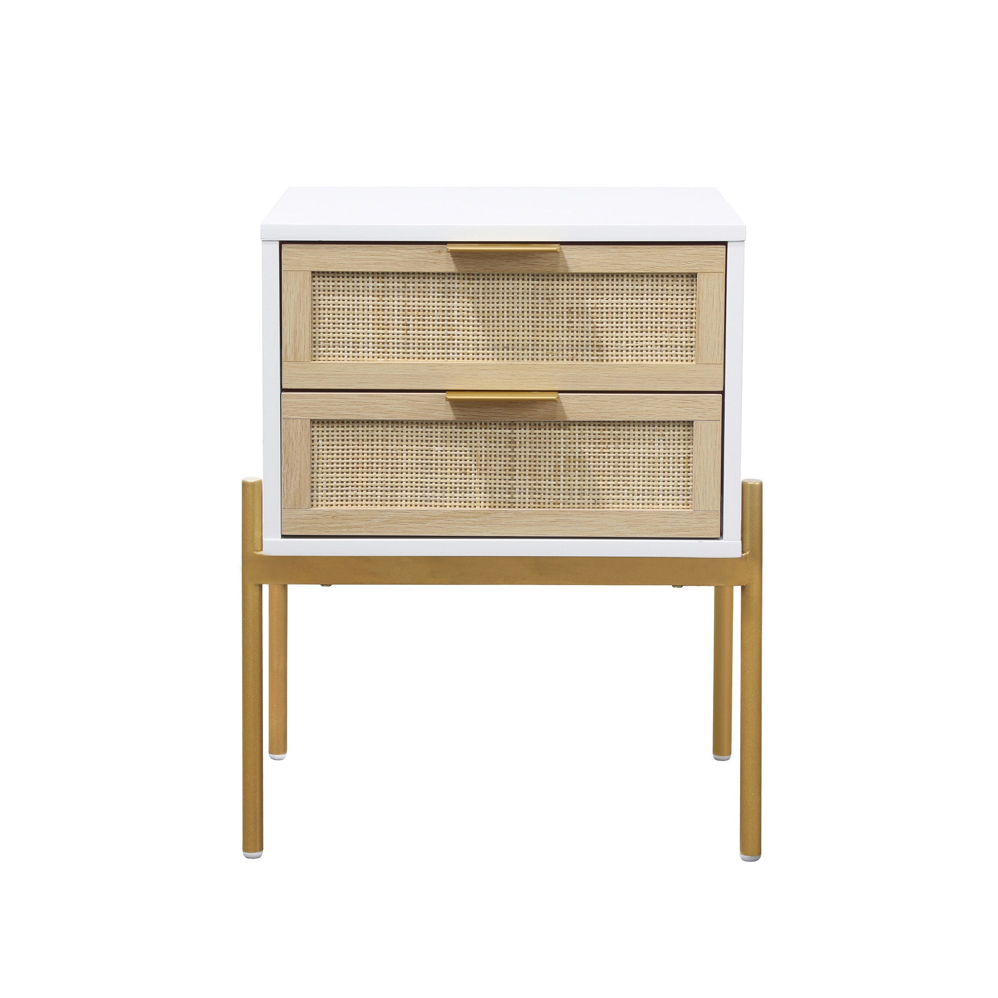 A modern nightstand with two woven rattan drawers, white frame, gold handles, and slim gold metal legs, shown against a plain white background.
