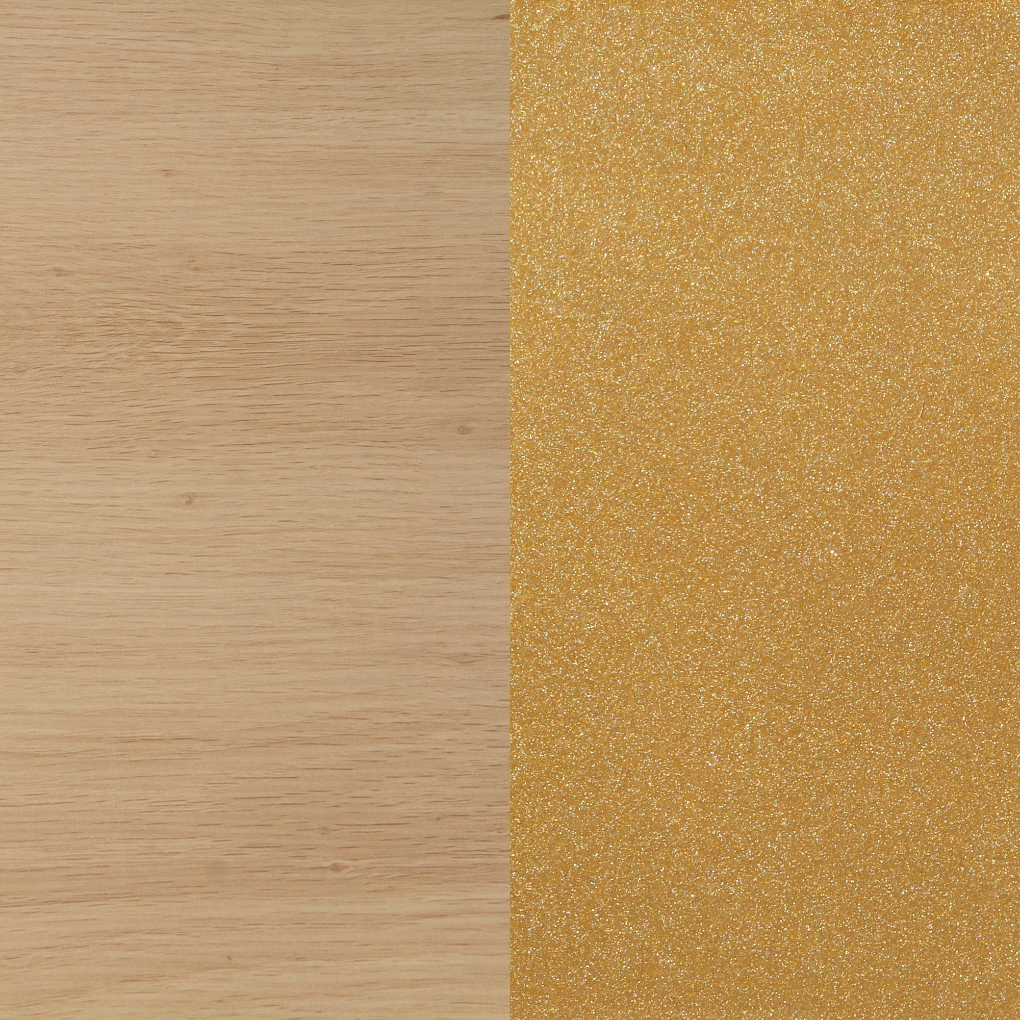 A surface divided vertically: the left half is light wood grain, and the right half is covered in sparkly gold glitter.