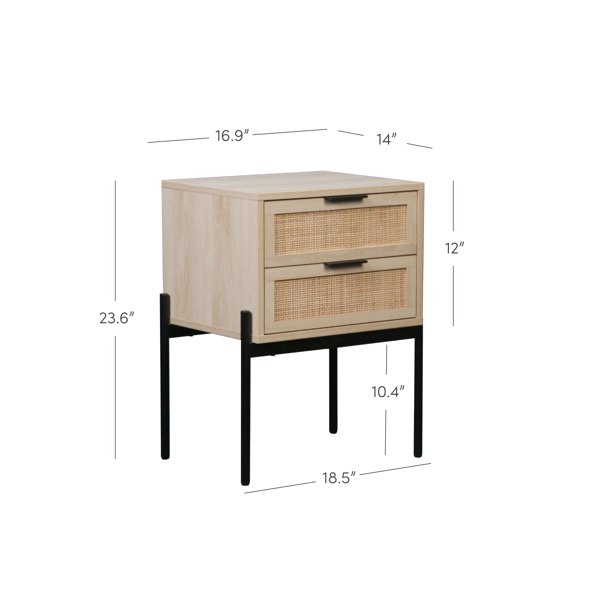 Light wood nightstand with two woven drawers, black metal legs, and labeled dimensions: 23.6 tall, 18.5 wide, 16.9 deep, drawers 12 tall total, 10.4 space under drawers, and 14 drawer depth.