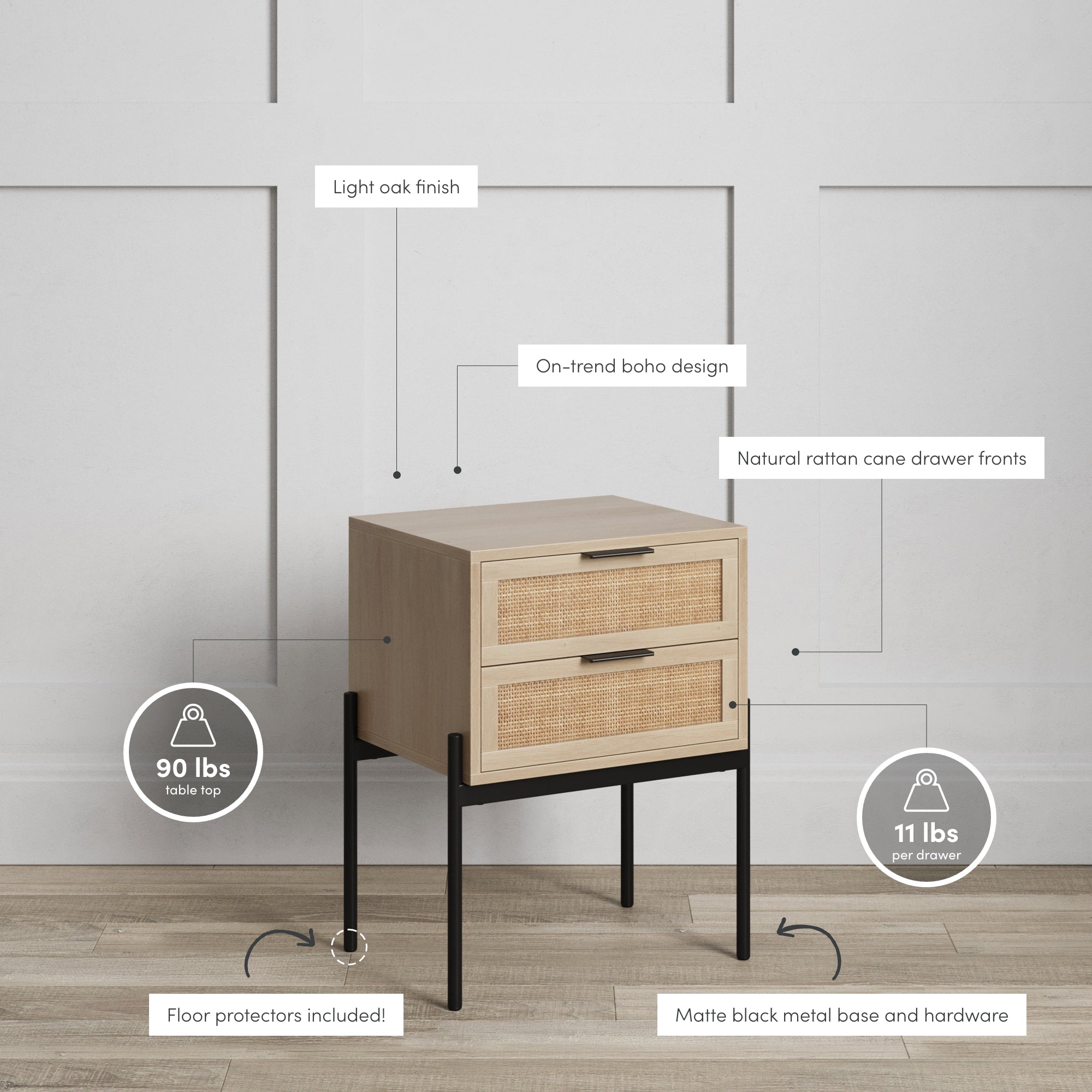 A modern nightstand with light oak finish, rattan cane drawer fronts, matte black metal legs, and two drawers. Infographics highlight features: floor protectors, 90 lbs tabletop limit, and 11 lbs per drawer.